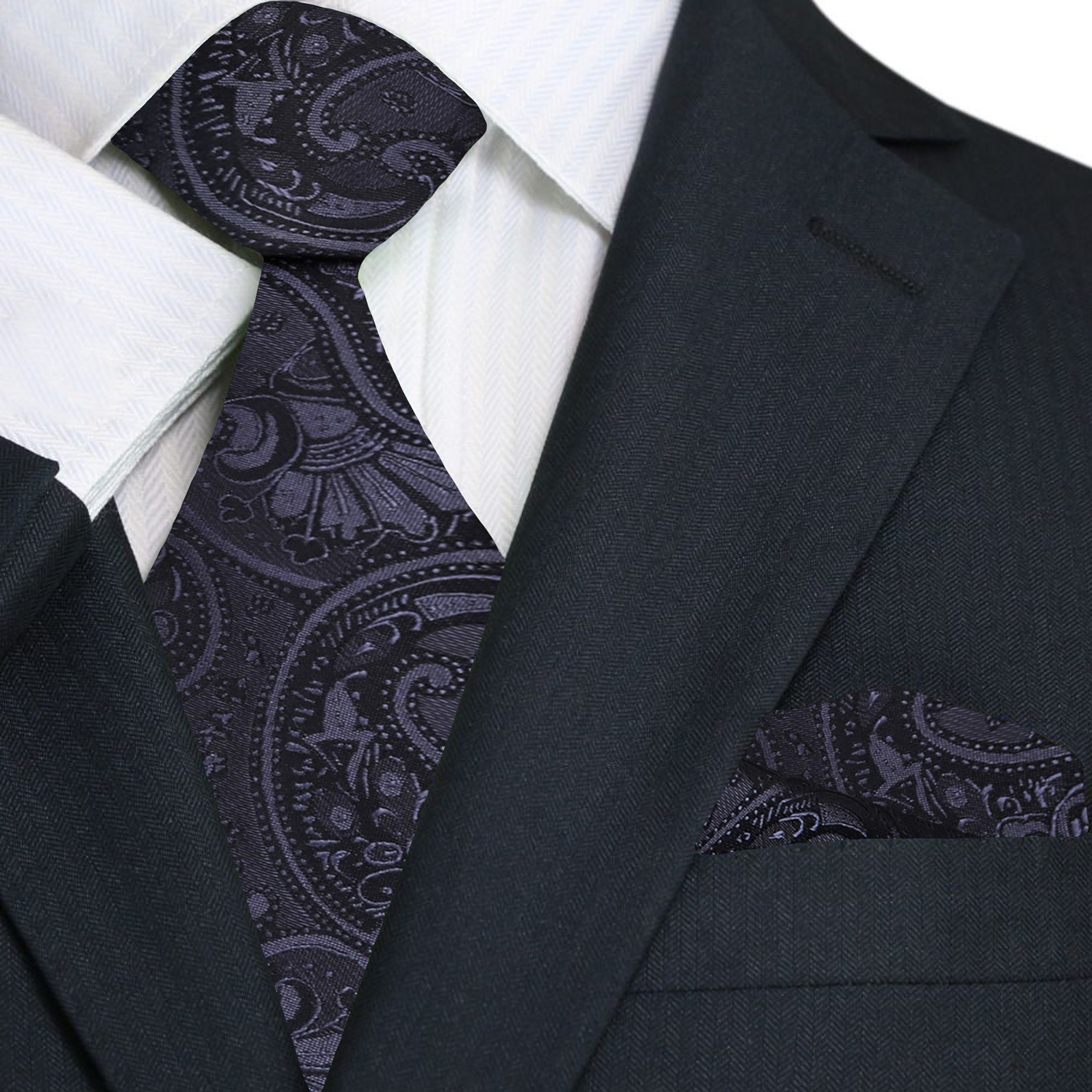 Premium A Black, Graphite Paisley Pattern Silk Necktie and Pocket Square