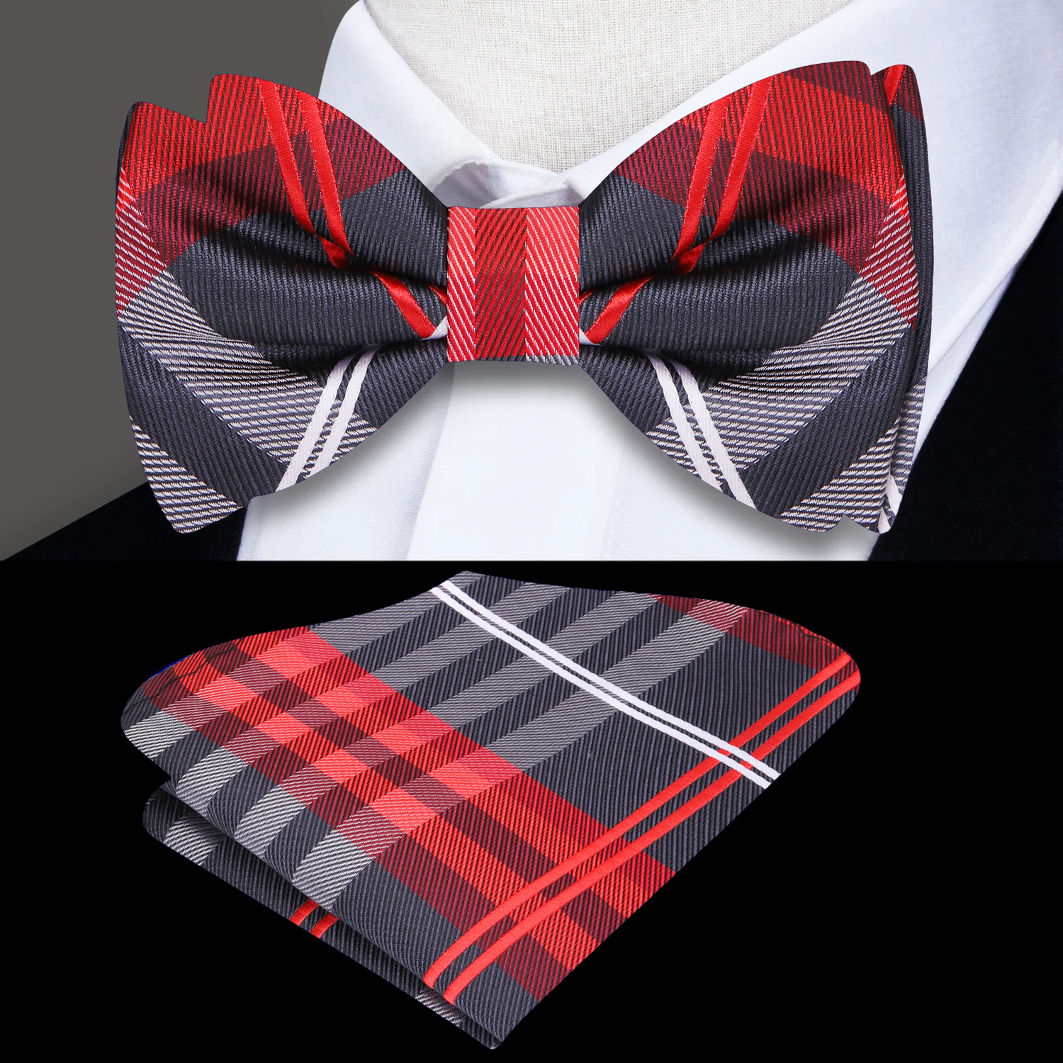 Black and Red Accomplished Plaid Bow Tie and Square