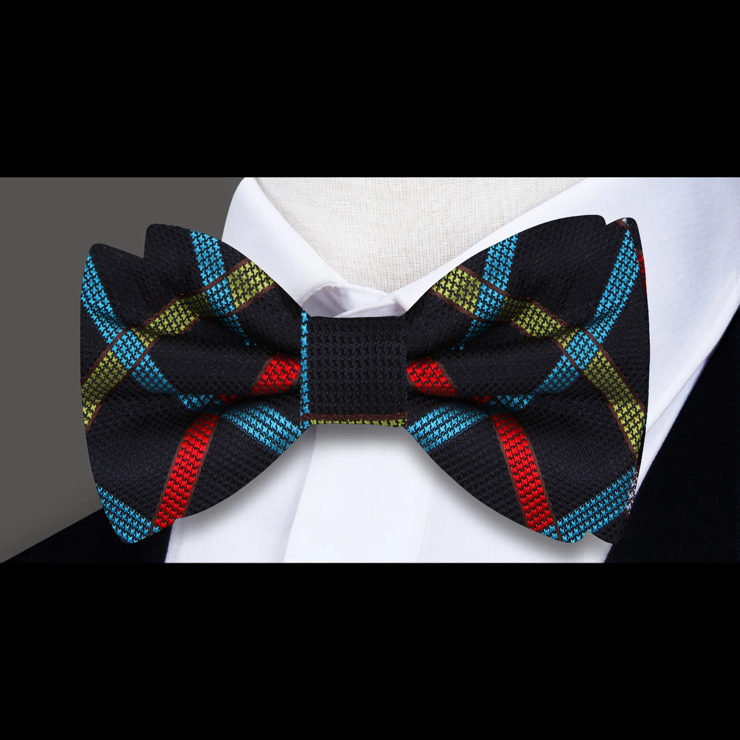 Black, Red, Yellow and Grey Plaid Bow Tie 