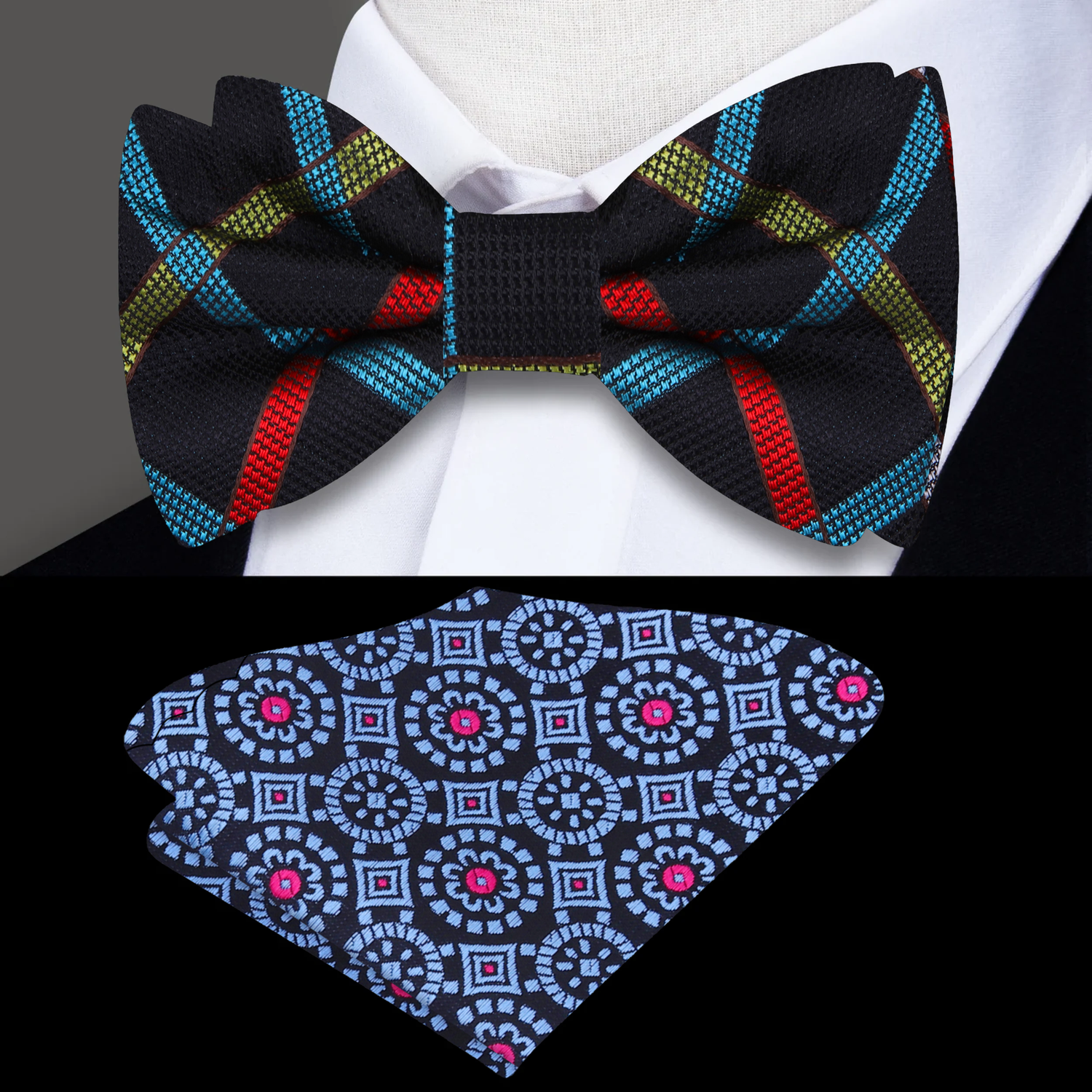 Black, Red, Yellow and Grey Plaid Bow Tie and Accenting Pocket Square