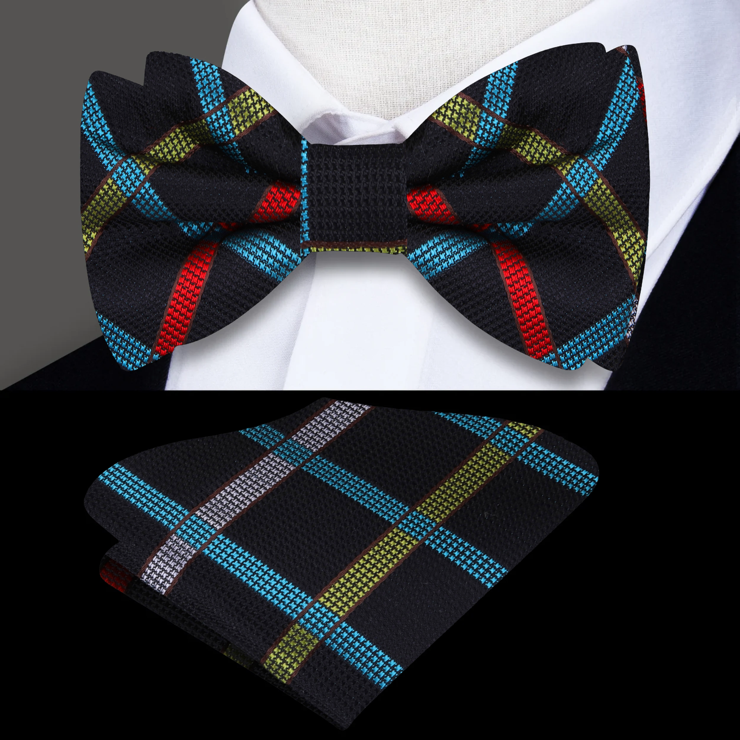 Black, Red, Yellow and Grey Plaid Bow Tie and Pocket Square