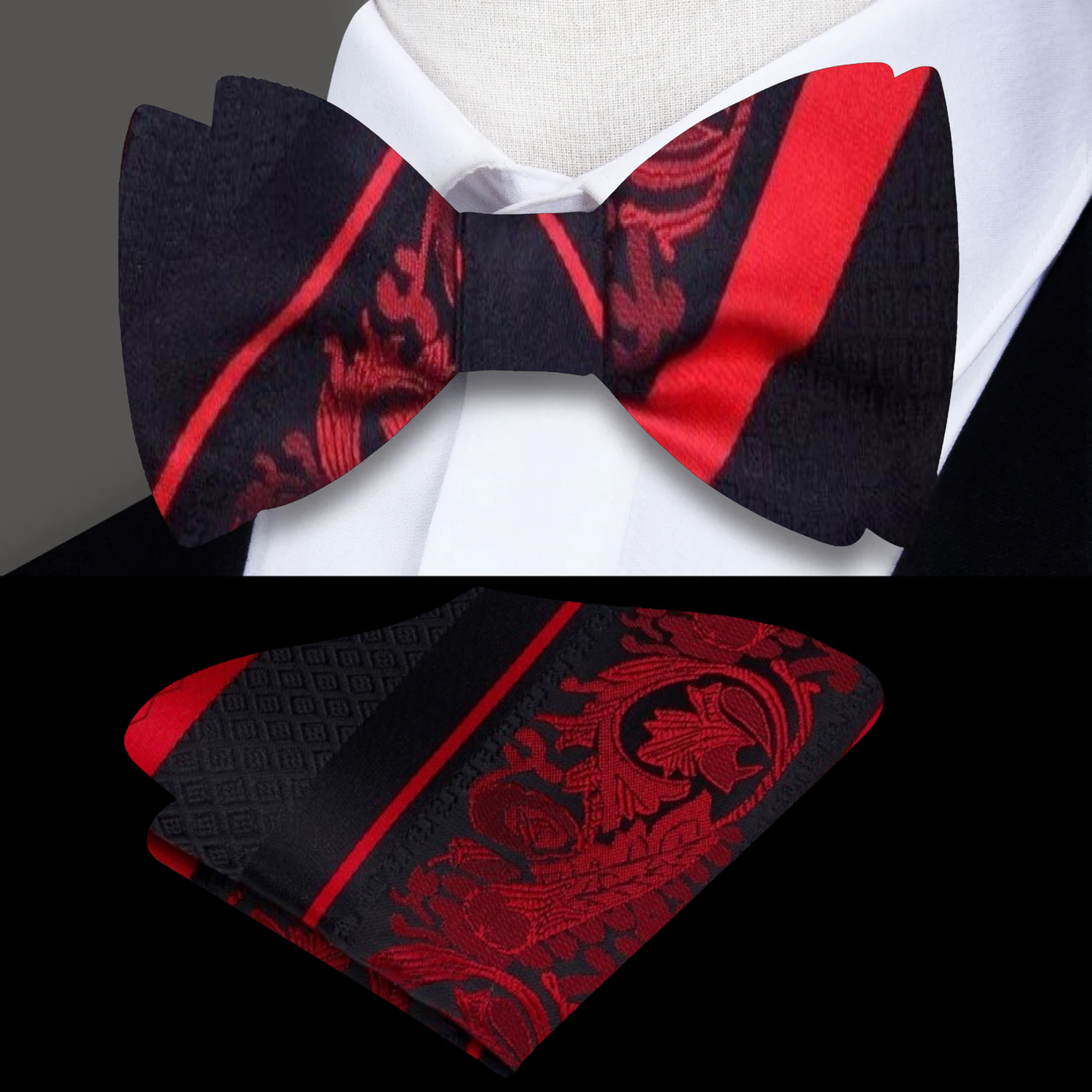 Black, Red Paisley Floral Bow Tie and Pocket Square