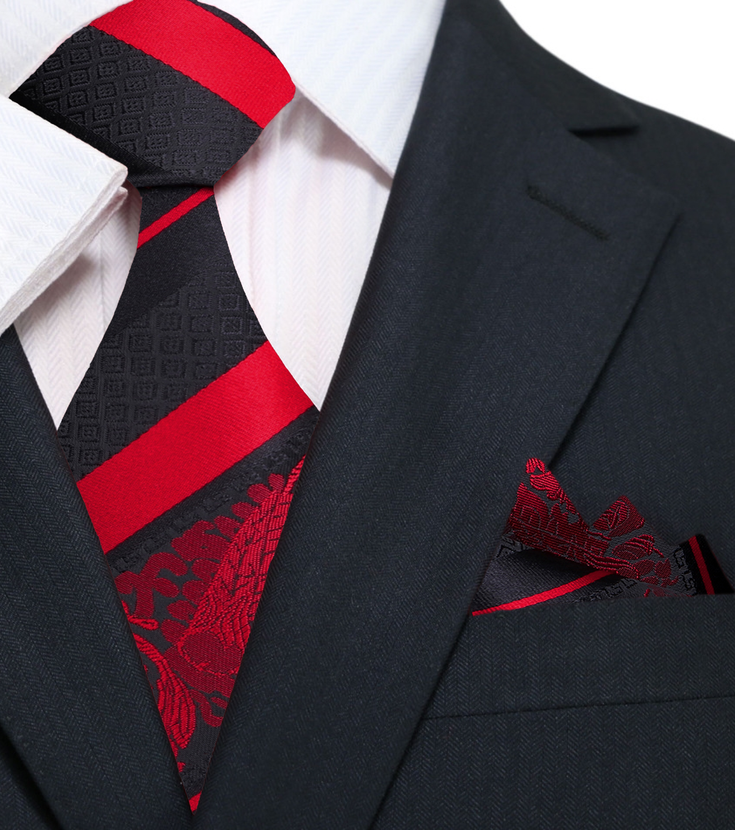 Main: Black, Red Floral Necktie and Square
