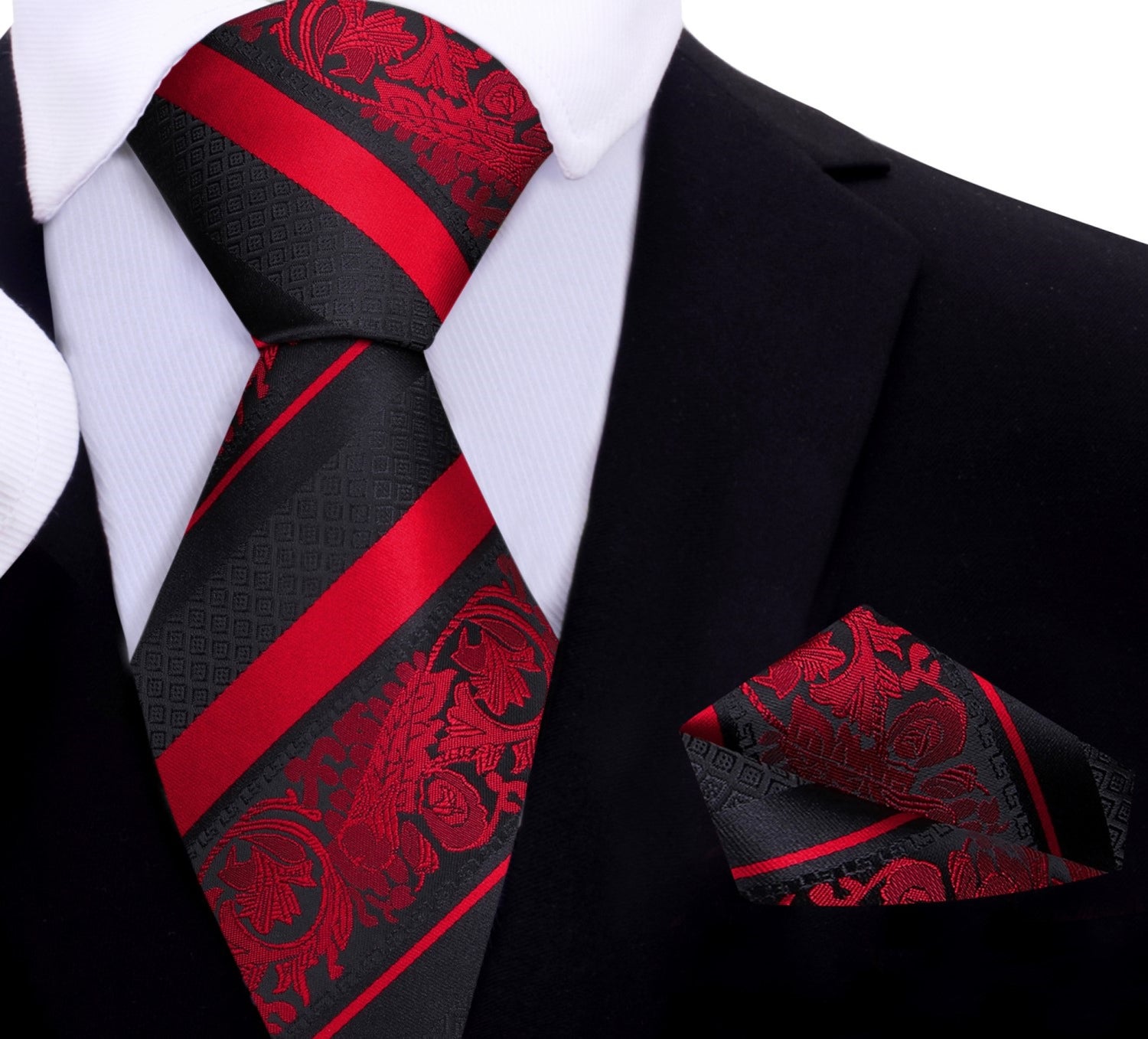 Black, Red Floral Necktie and Square