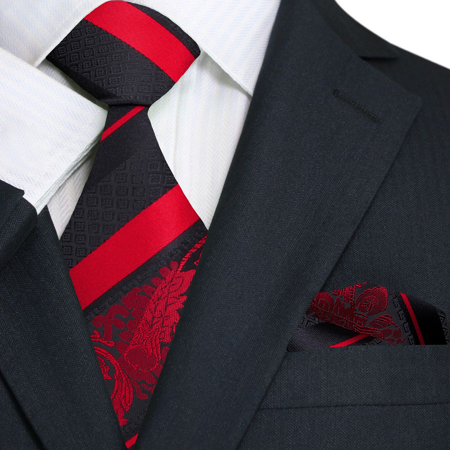 Black suit with a red and black striped tie and pocket square.