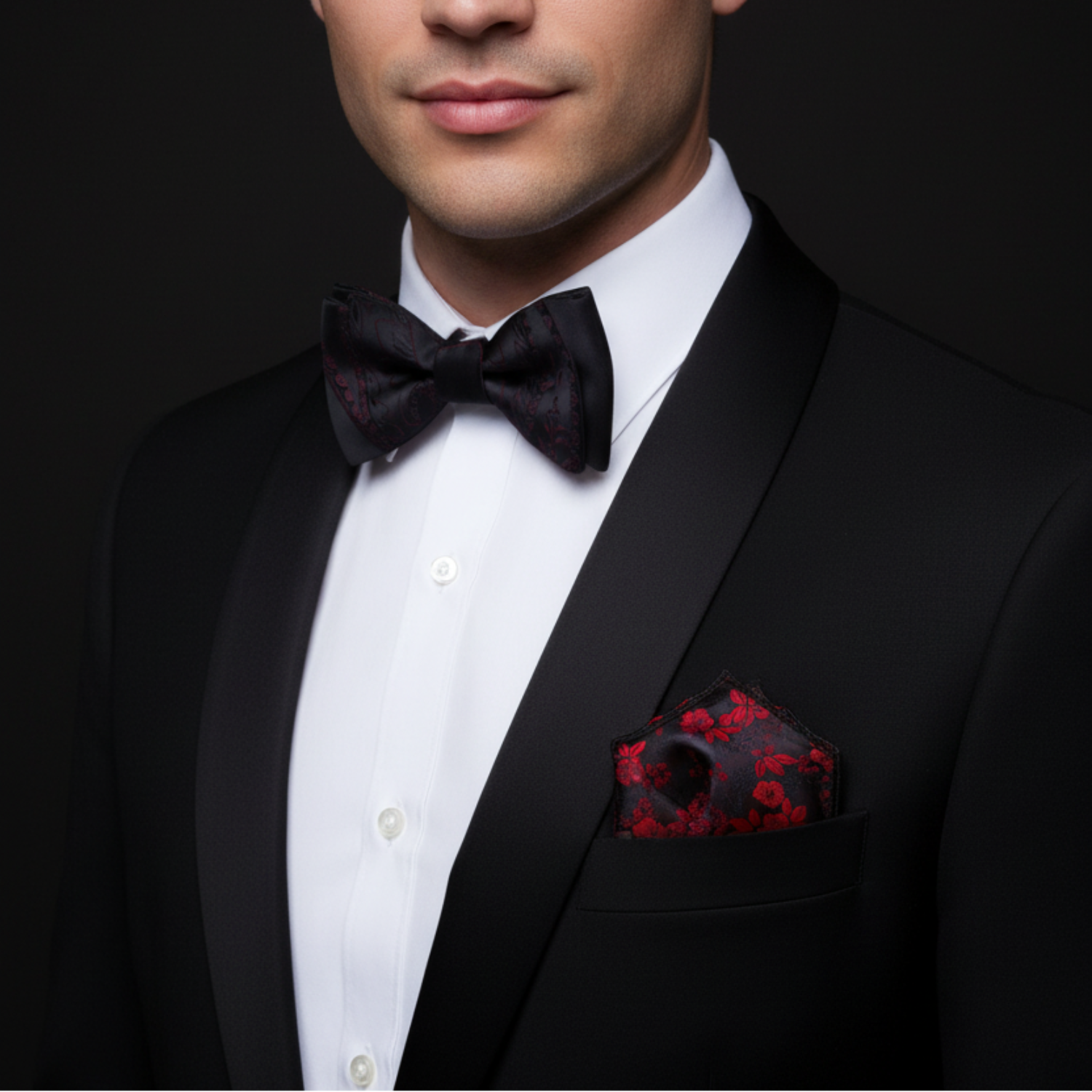 Man wearing a black tuxedo with a red pocket square and bow tie on a dark background