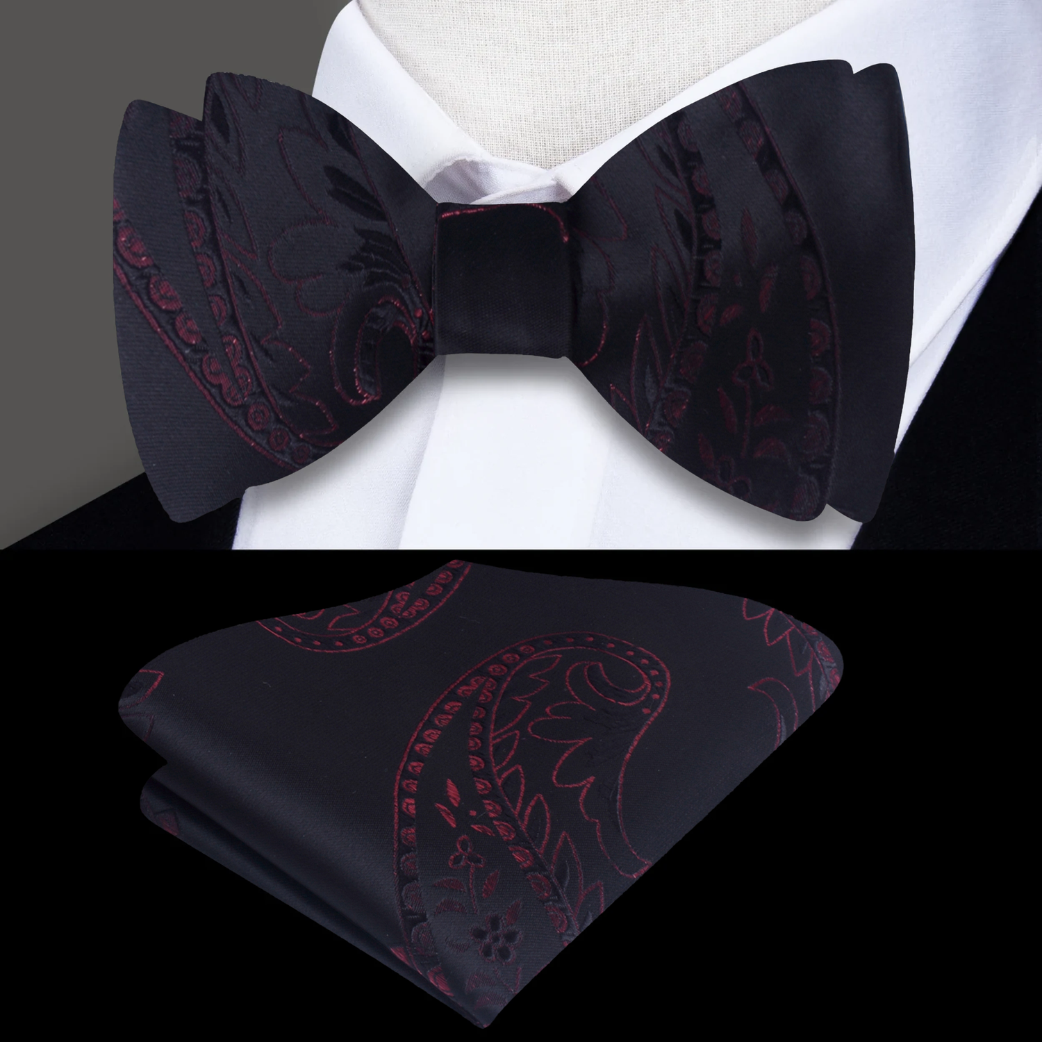 Black Red Daring Paisley Bow Tie and Square
