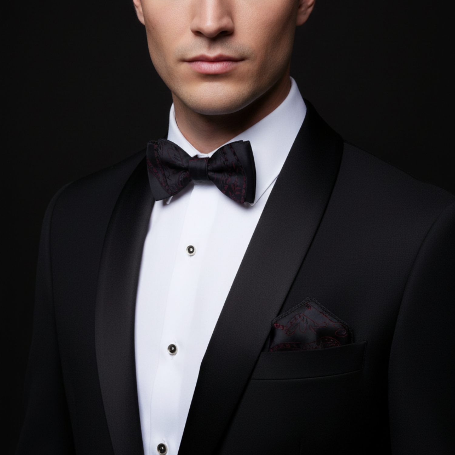 Man wearing a black tuxedo with a bow tie on a dark background