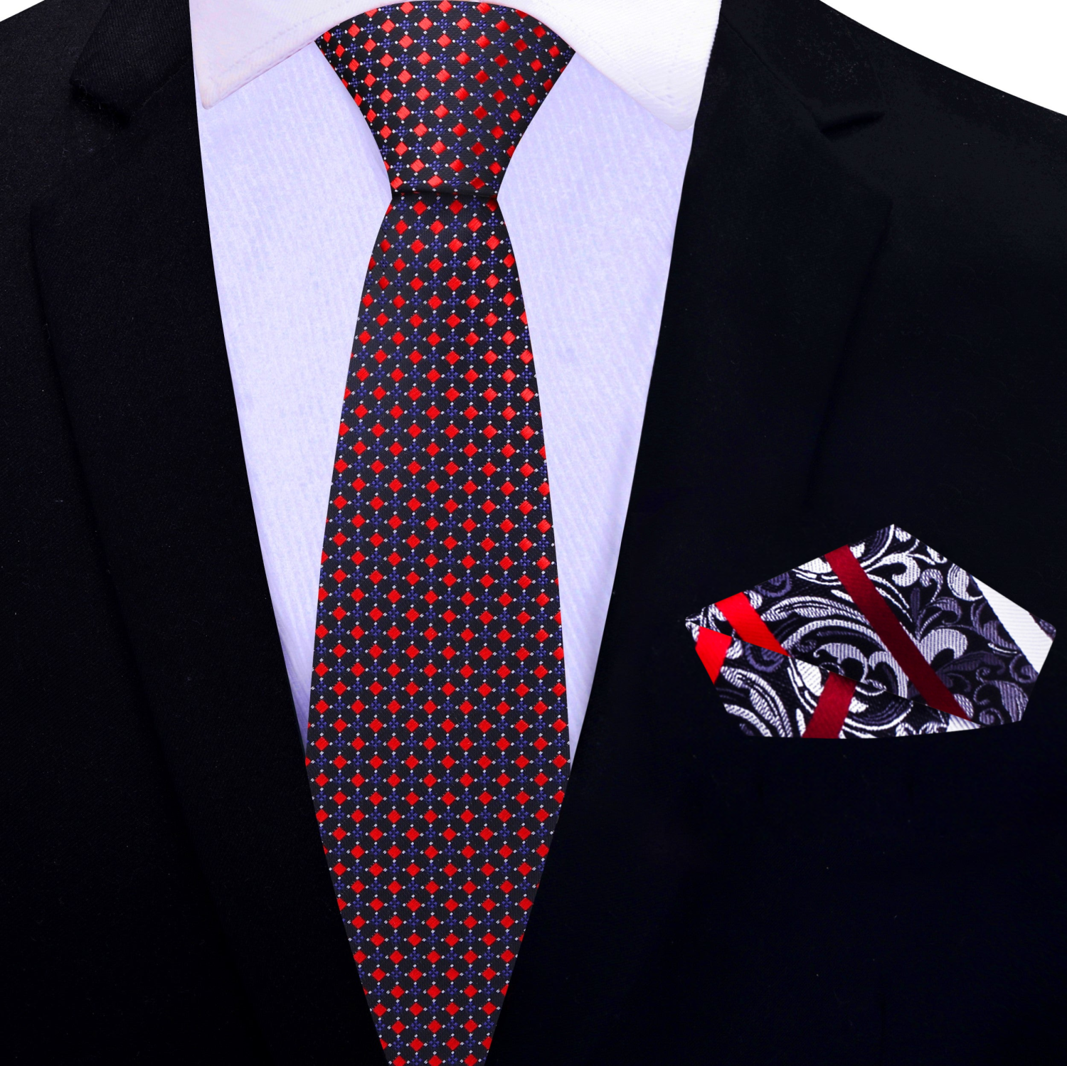 Thin Black Red Dot Necktie and Accenting Square