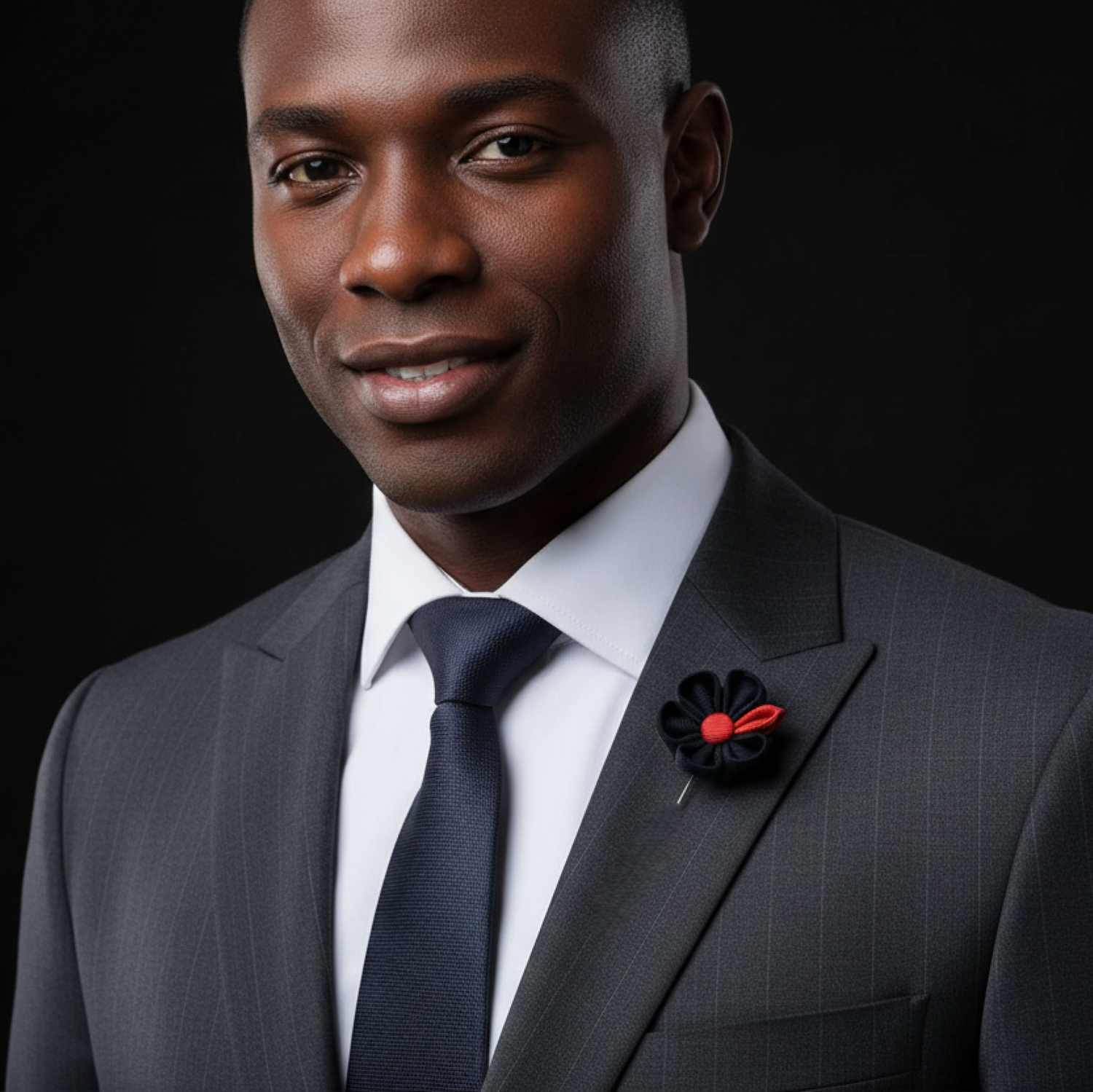 Man wearing a gray suit with a red and black flower pin on a black background