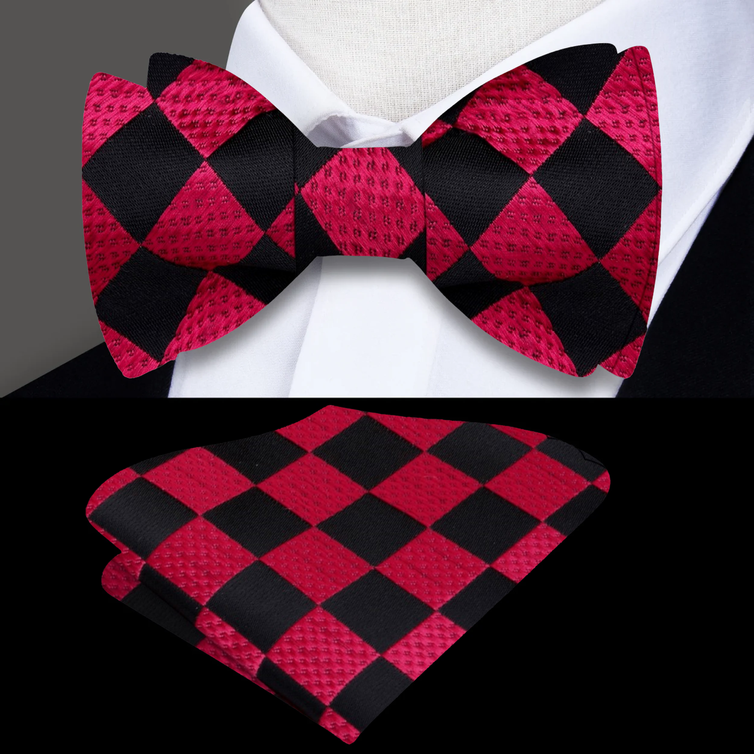 Black Red Check Bow Tie and Pocket Square