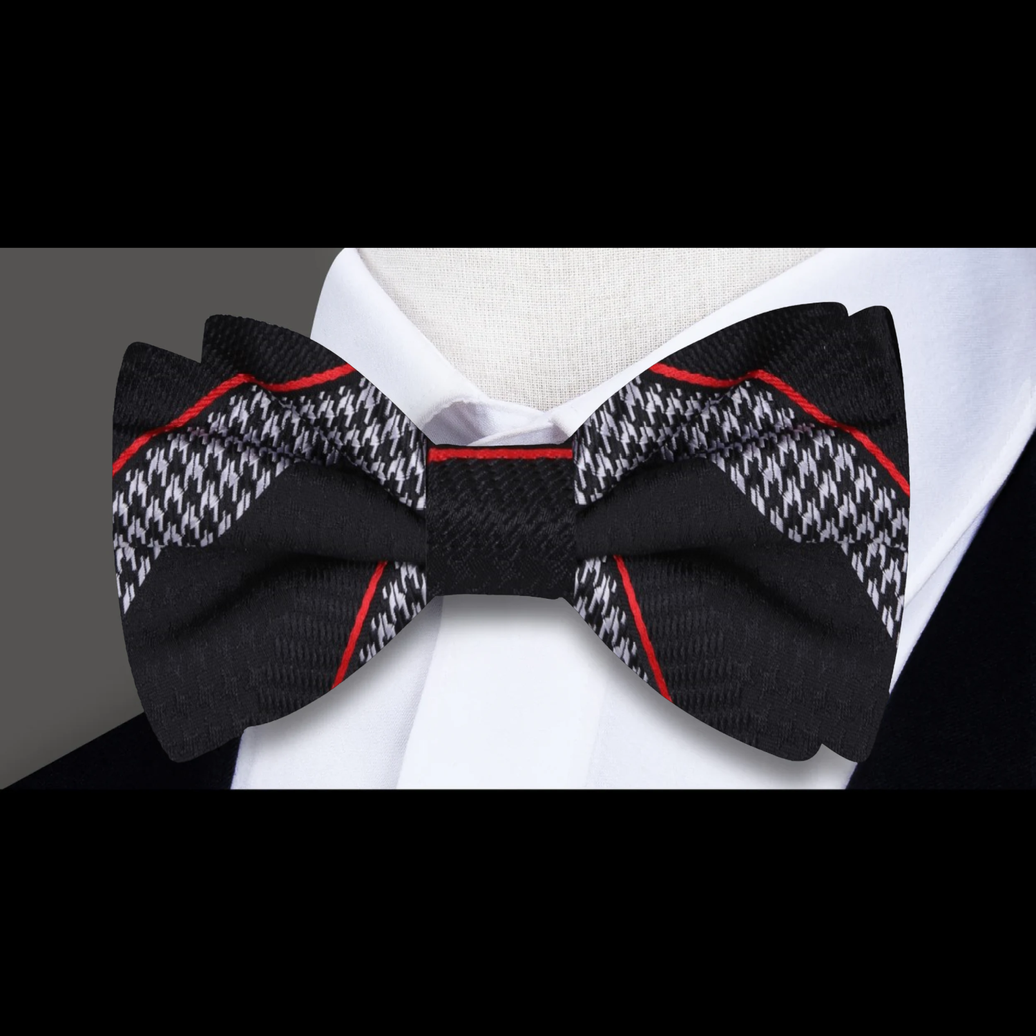 A Black, Red, Grey Houndstooth and Stripe Pattern Bow Tie