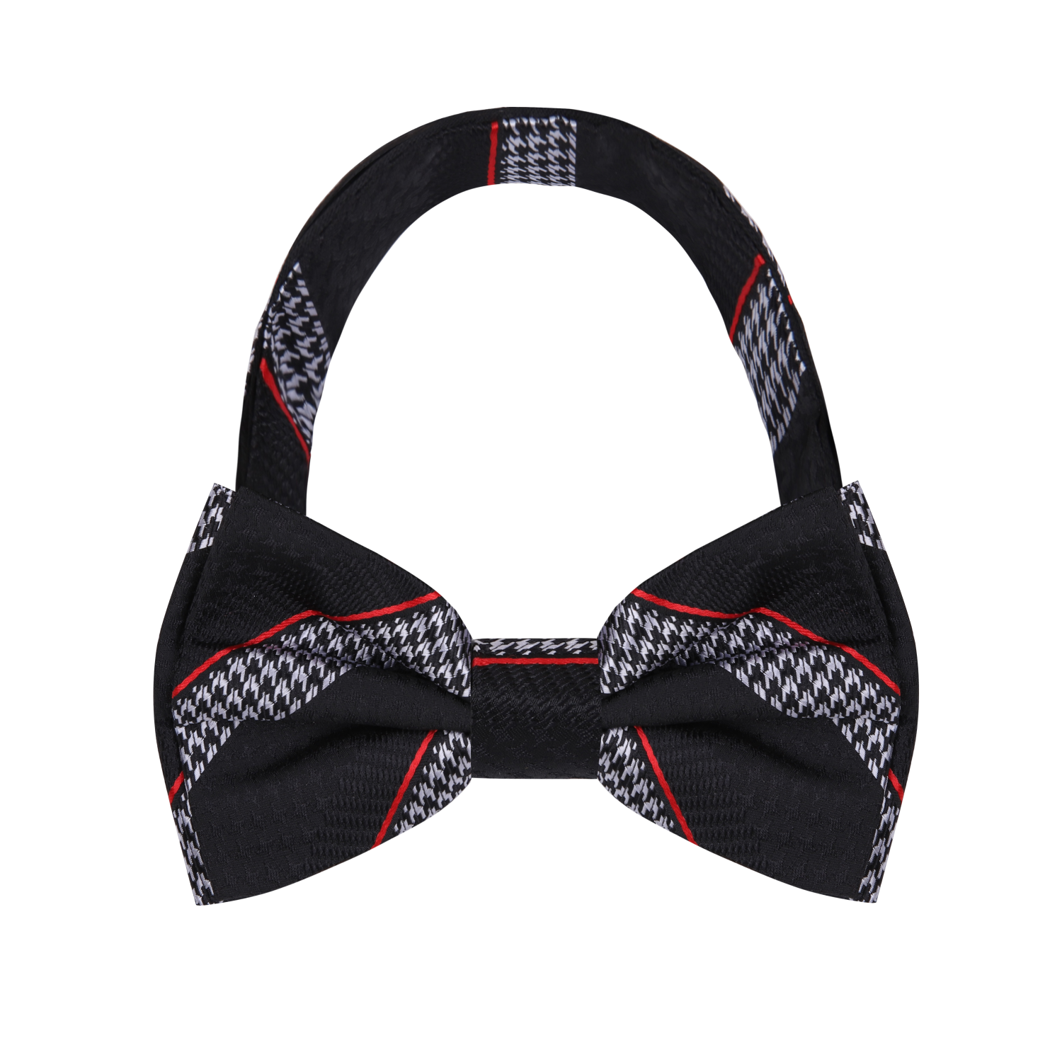 Pre Tied A Black, Red, Grey Houndstooth and Stripe Pattern Bow Tie