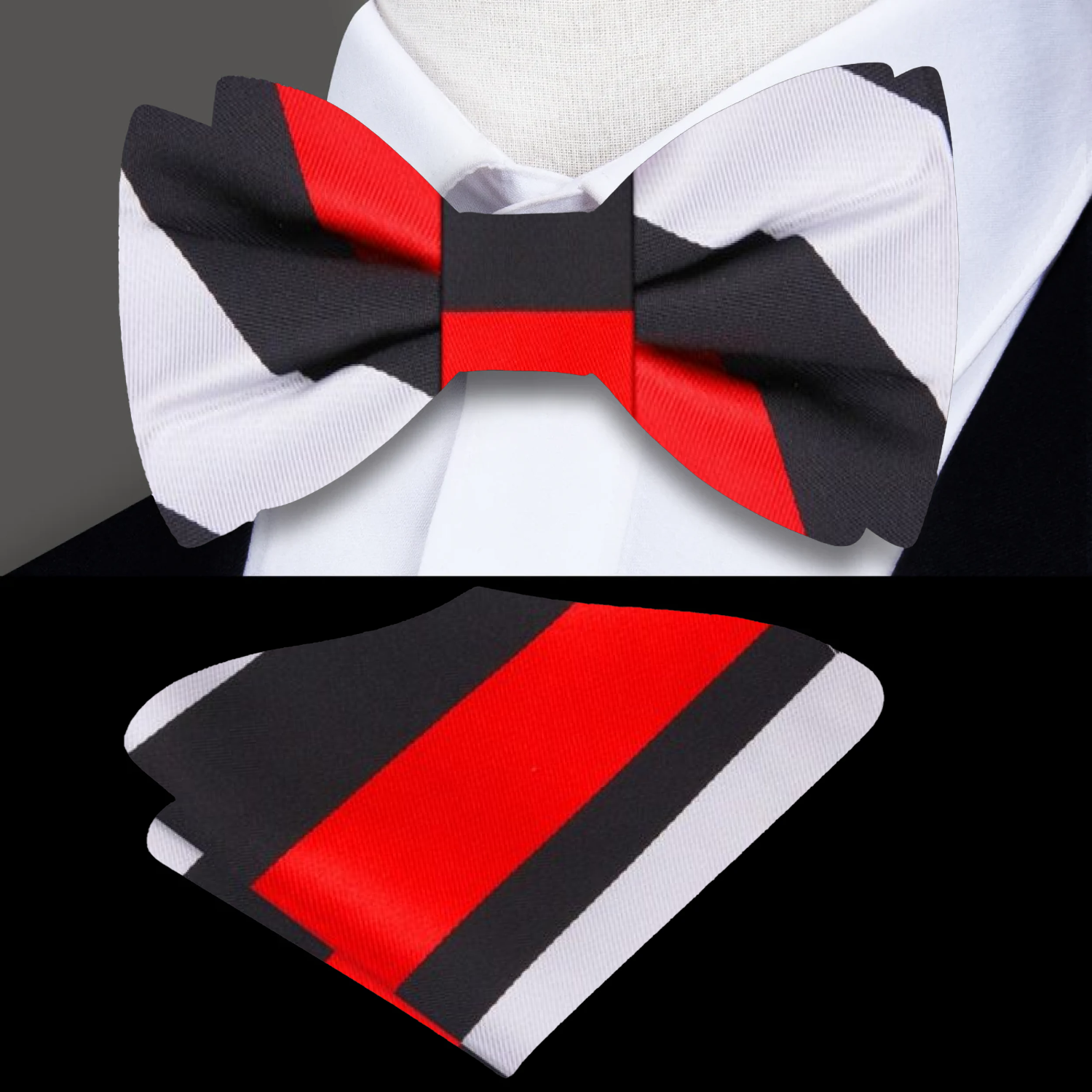 Red, Black, Pale Grey Stripe Silk Bow Tie And Pocket Square||Black, Red