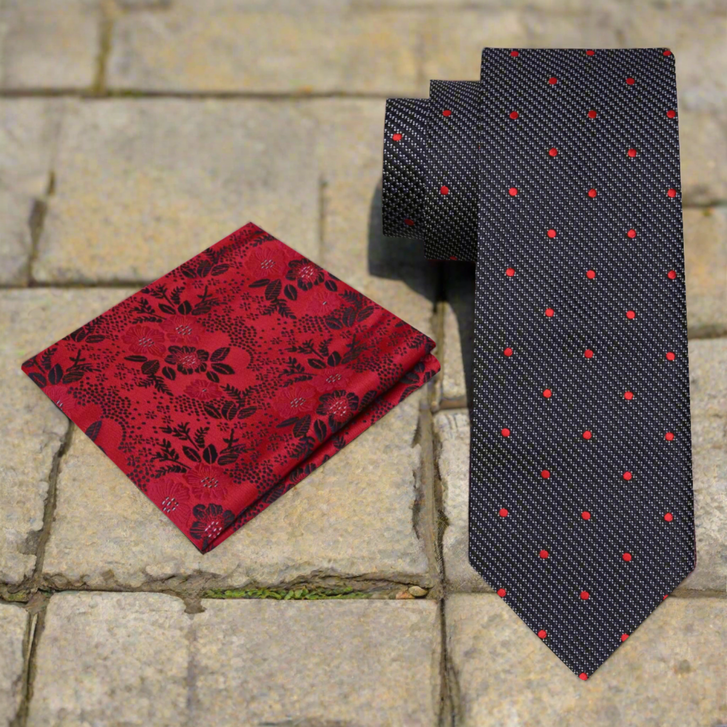 Alt Black, Red Polka Necktie and Accenting Square