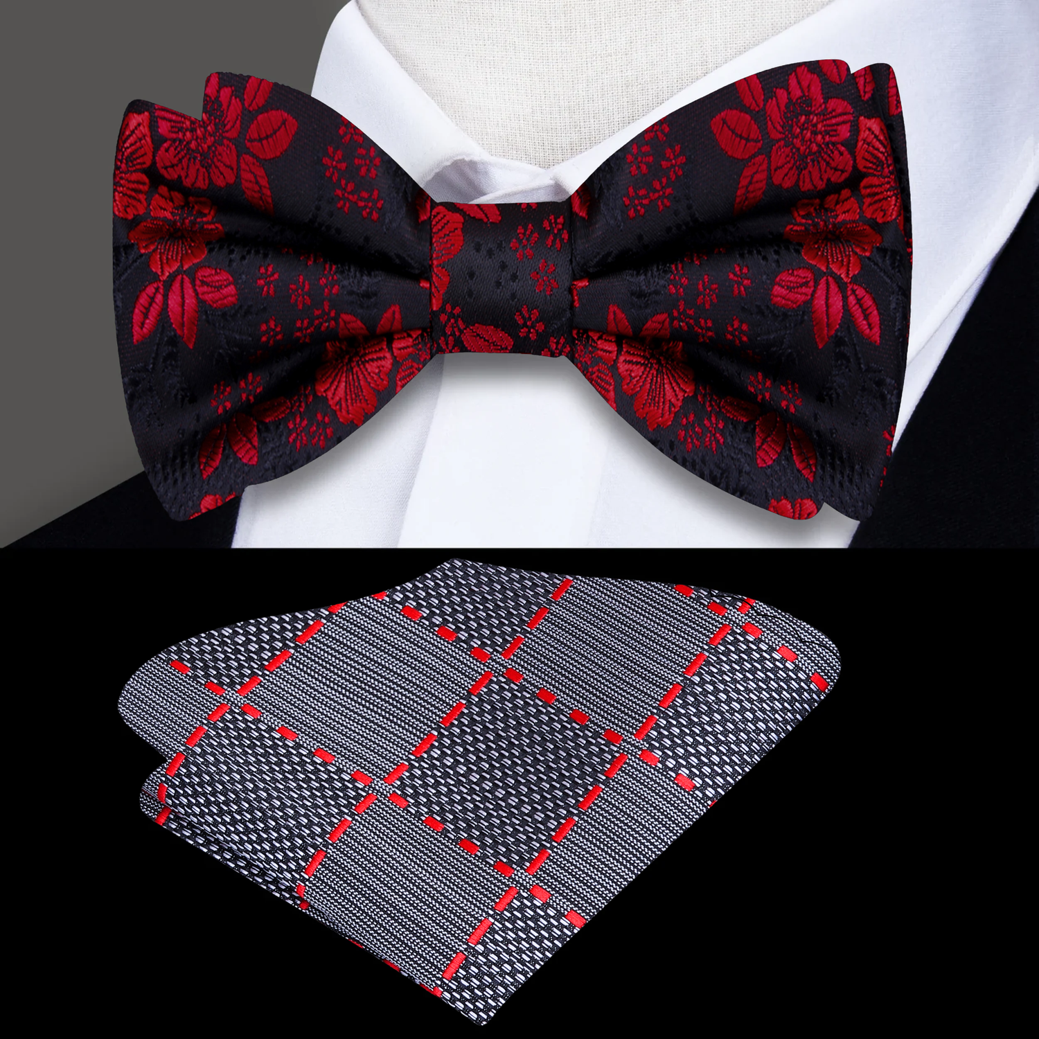 Black Red Original Floral Bow Tie and Plaid Square