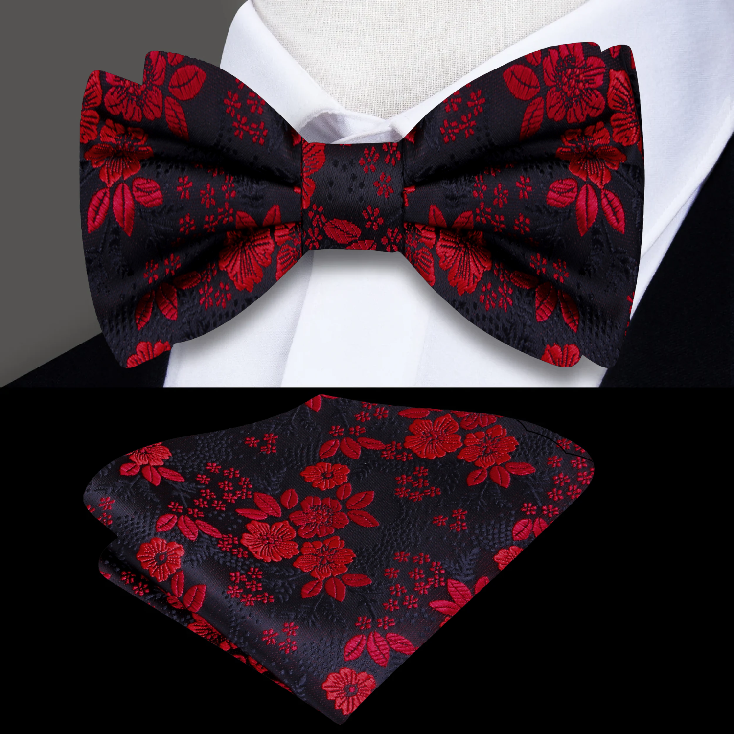 Main View: Black, Red Flowers Bow Tie and Pocket Square||Black, Red