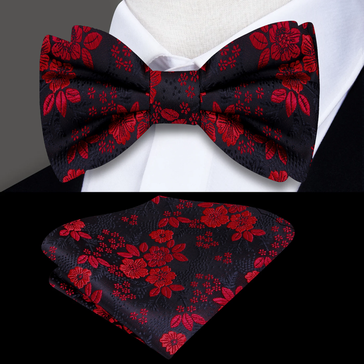 Black Red Original Floral Bow Tie and Square