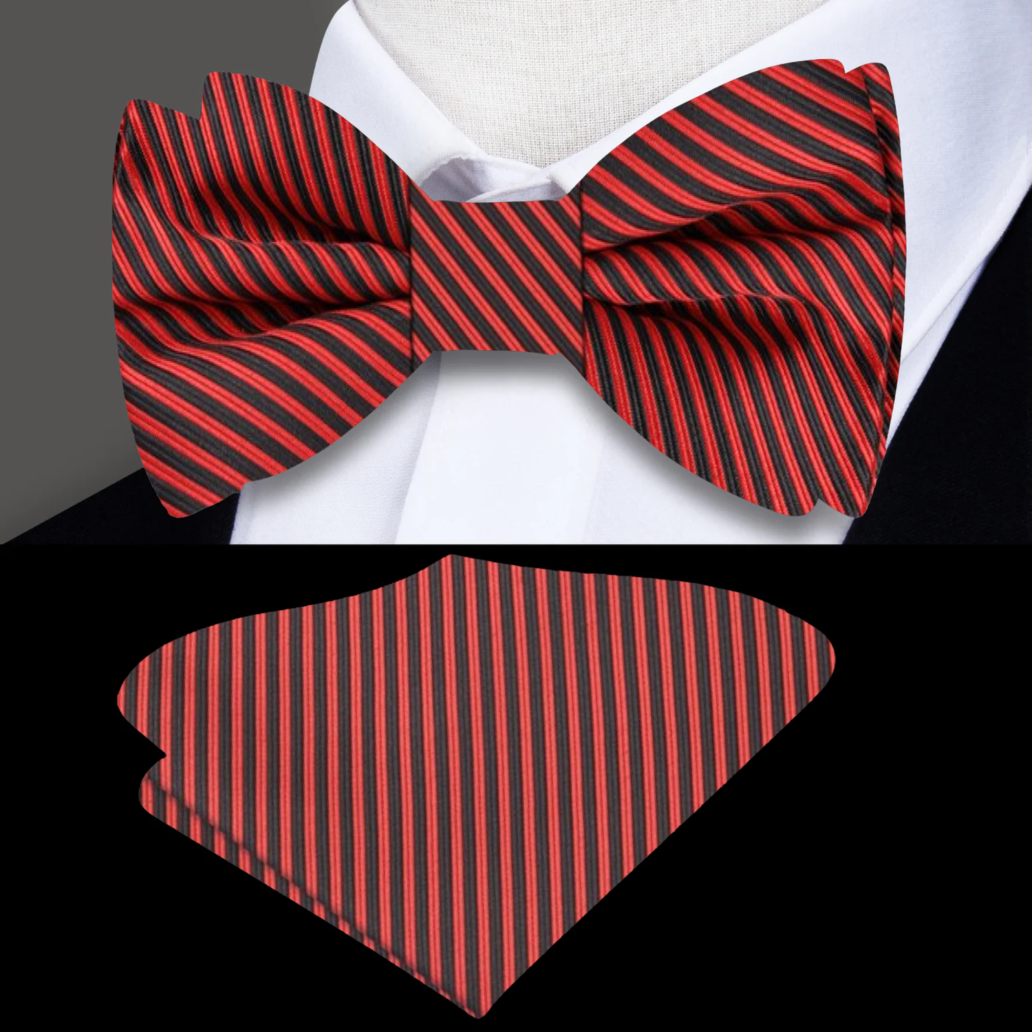 Red, Black Thin Stripe Bow Tie and Pocket Square