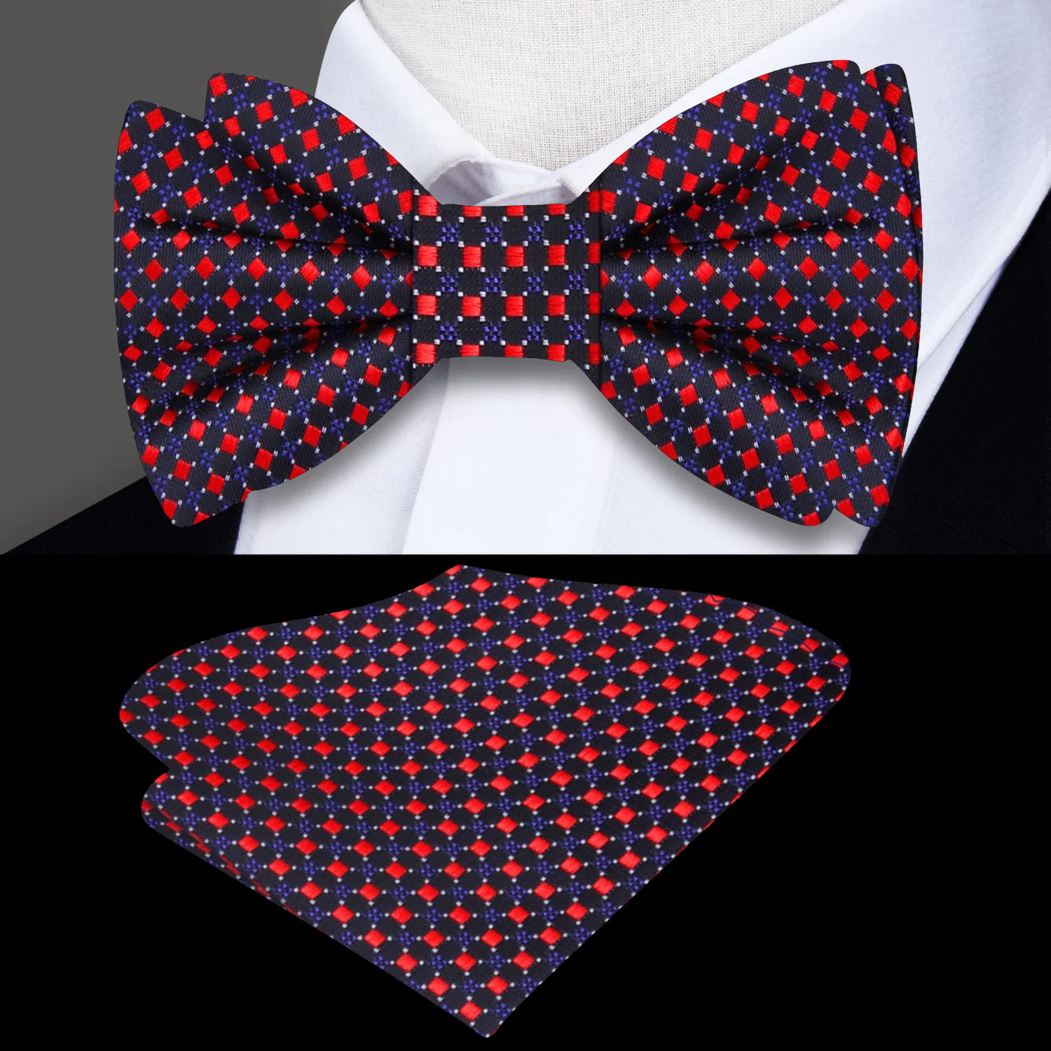 Black, Red, Purple Check Bow Tie and Square