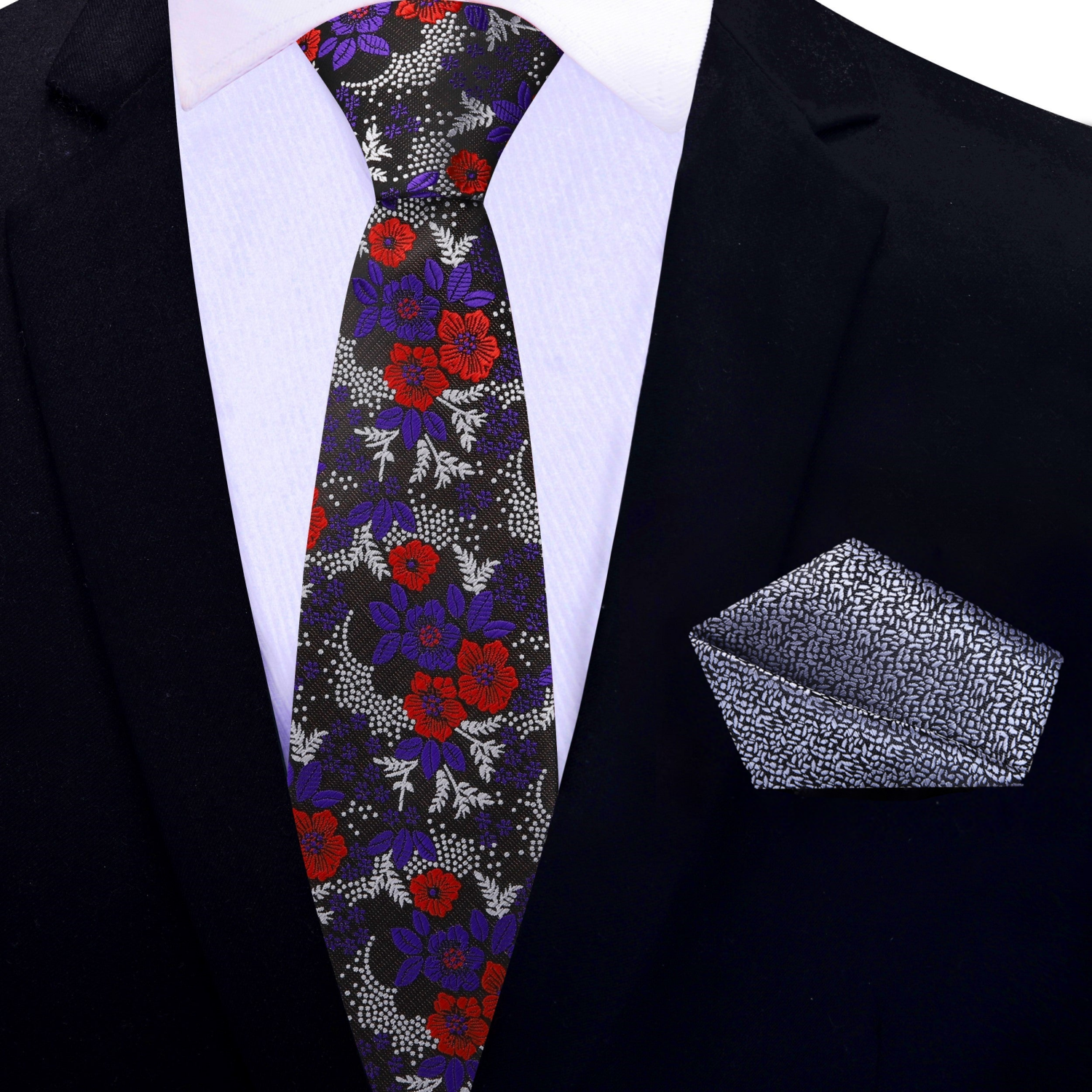 Thin Black, Purple, Red, Light Silver Floral Necktie with Accenting Square