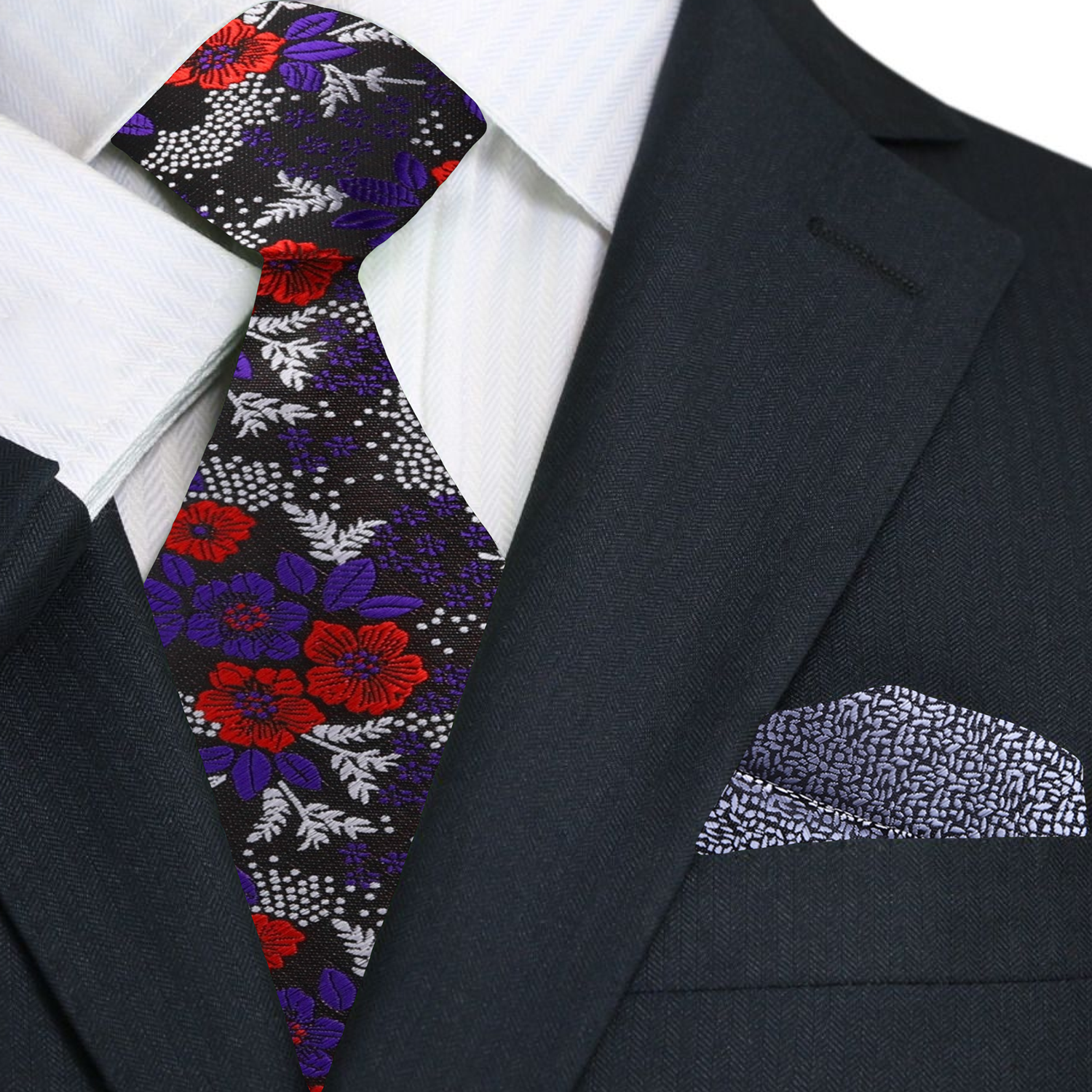 Black, Purple, Red, Light Silver Floral Necktie with Accenting Square