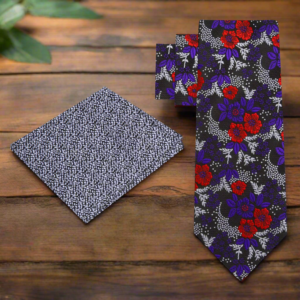 alt Black, Purple, Red, Light Silver Floral Necktie with Accenting Square