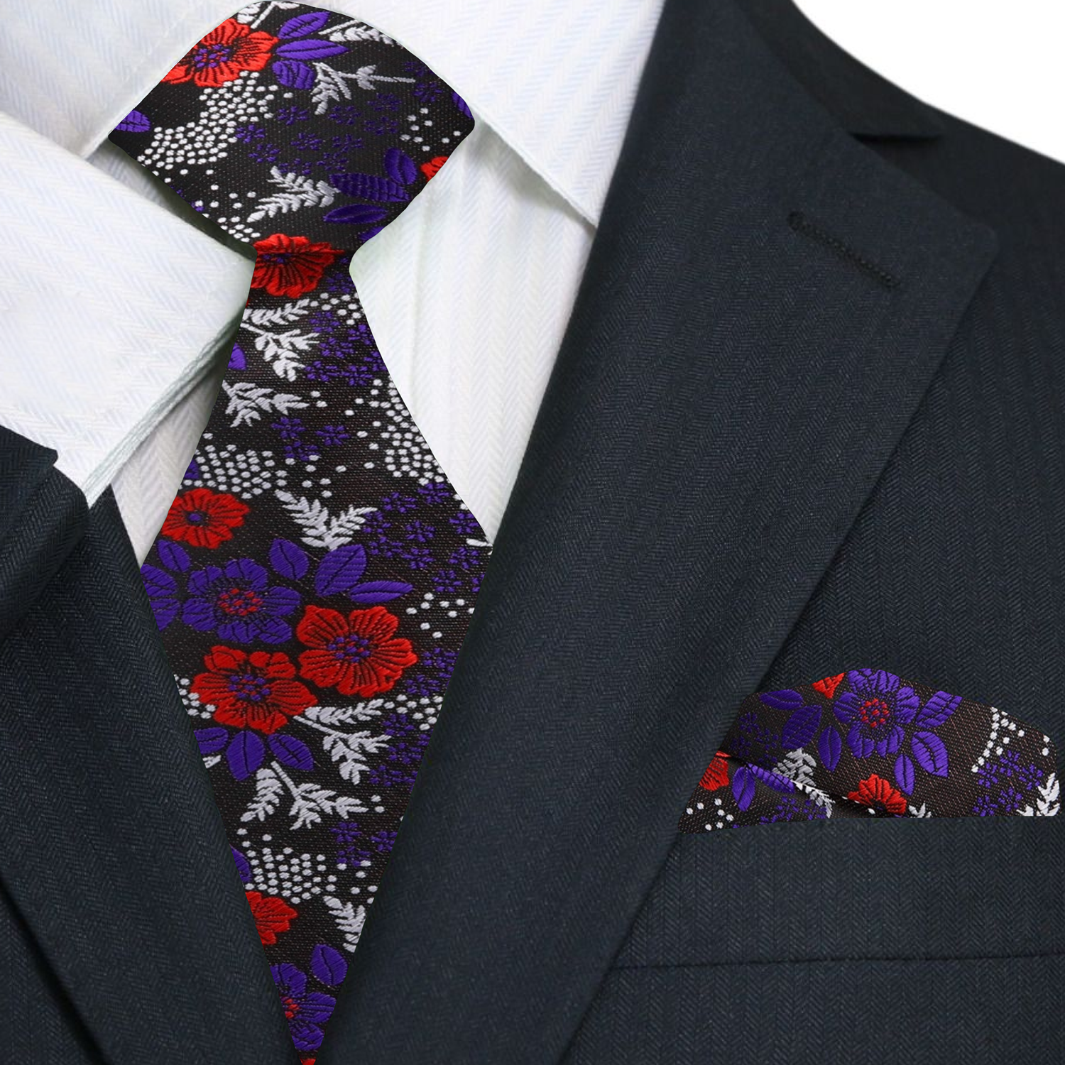 Premium Black, Purple, Red, Light Silver Floral Necktie with Matching Square