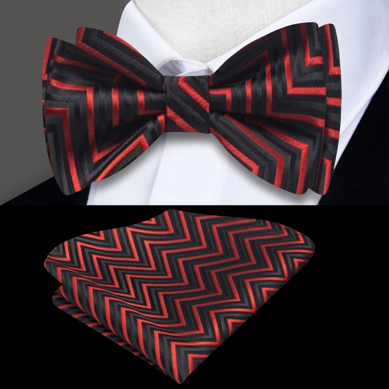 Black, Red Geometric Bow Tie and Pocket Square||Black, Red