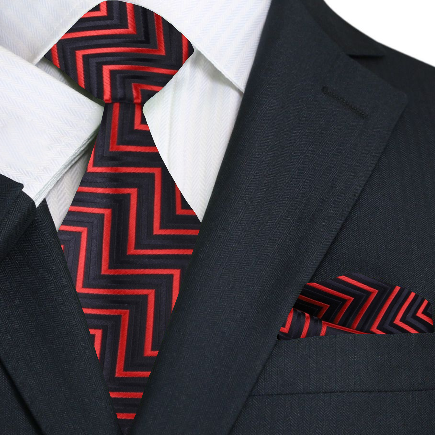 Premium A Red, Black Geometric Pattern Silk Necktie With Matching Pocket Square