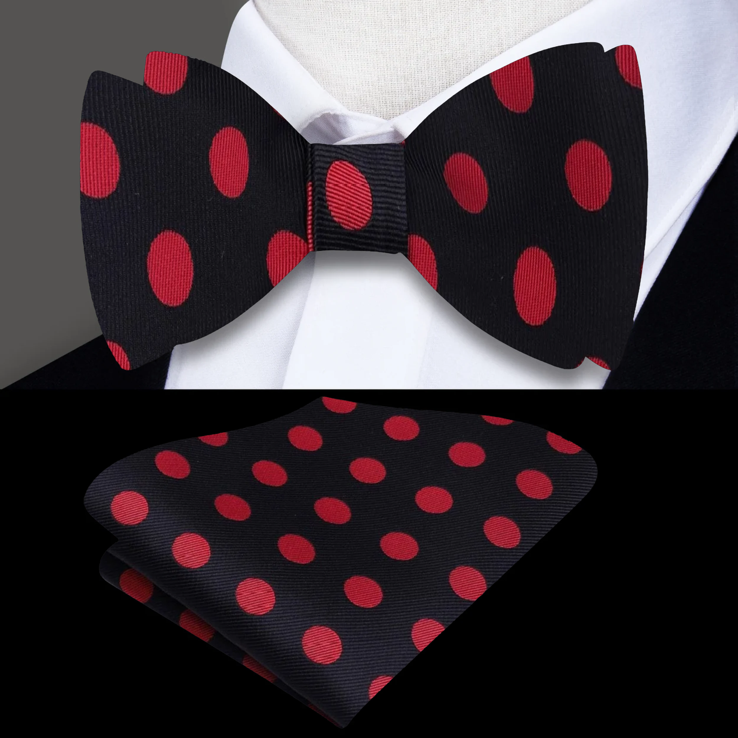 Main: A Black, Red Polka Pattern Silk Pre Tied Bow Tie, Matching Pocket Square