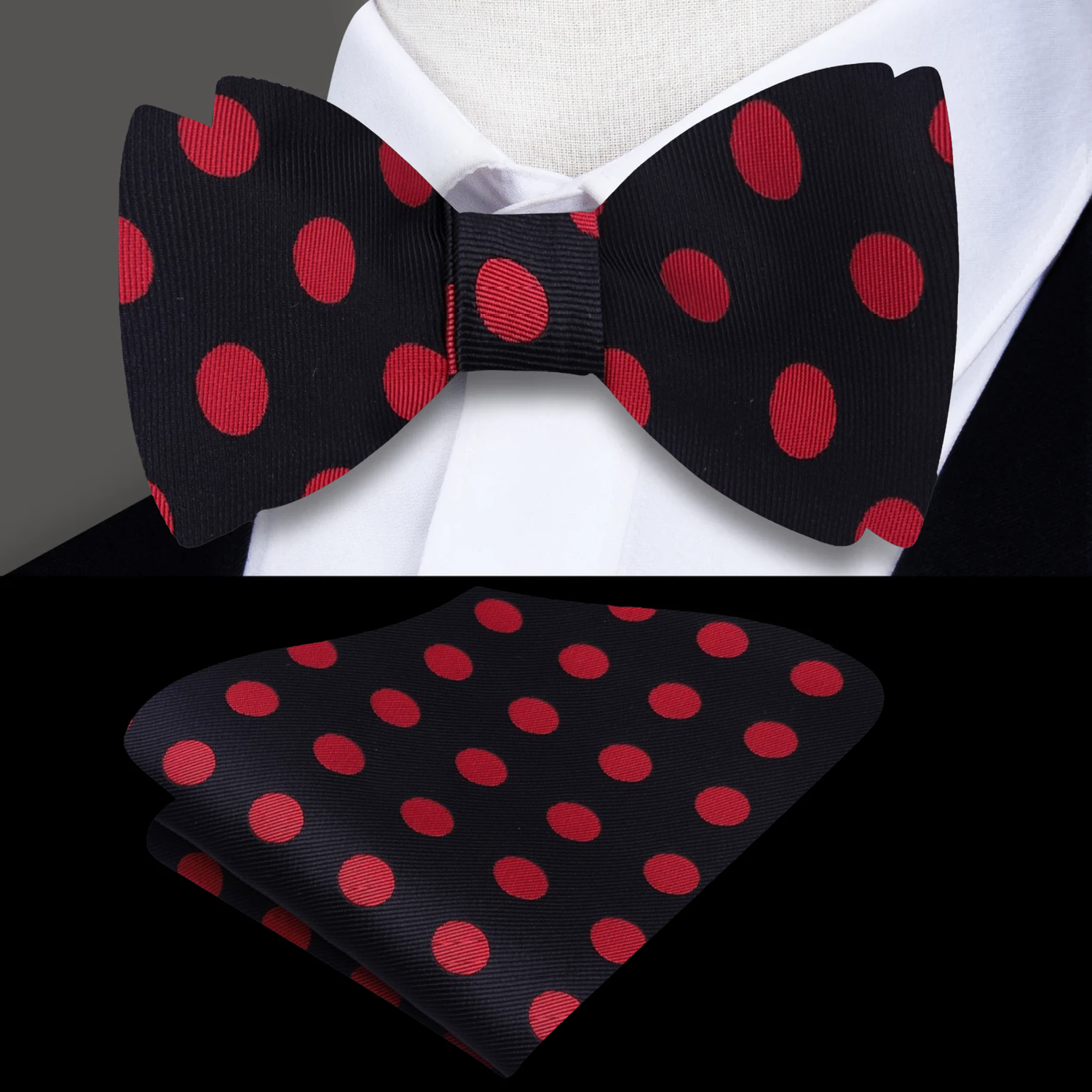A Black, Red Polka Pattern Silk Self Tie Bow Tie Bow Tie, Matching Pocket Square