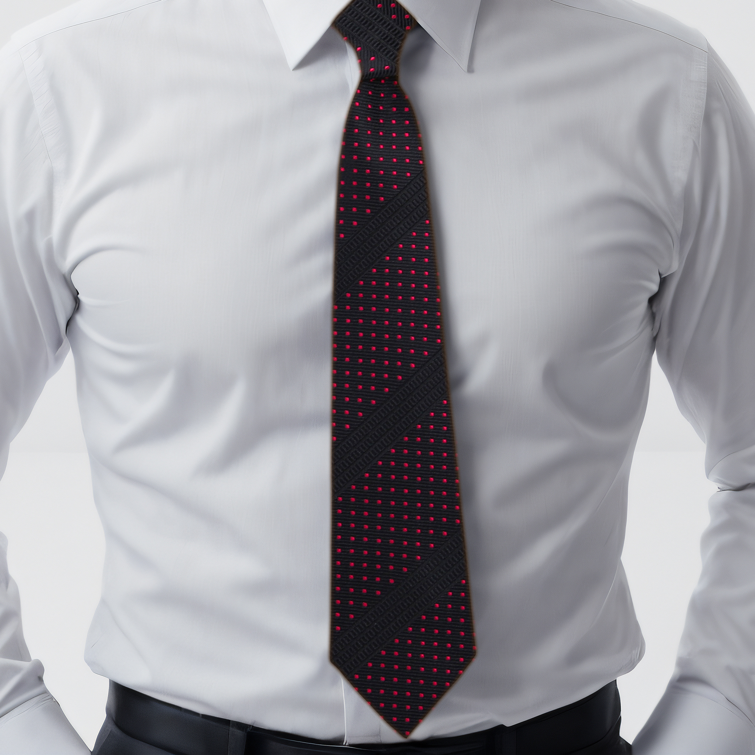 Black with Black Stripes Red Dots Necktie On White Shirt