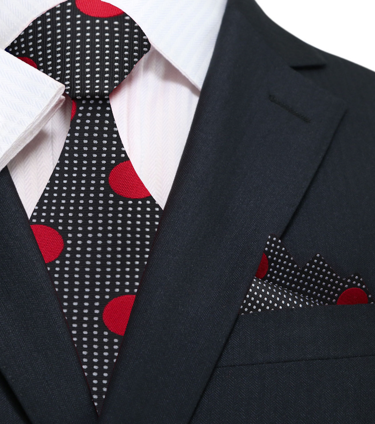Main: A Black, Red Dots Pattern Silk Necktie, Matching Pocket Square.