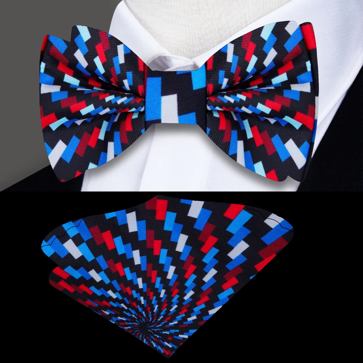 Red, Blue, Black Geometric Swirl Bow Tie and Pocket Square||Red, Blue, Black, White
