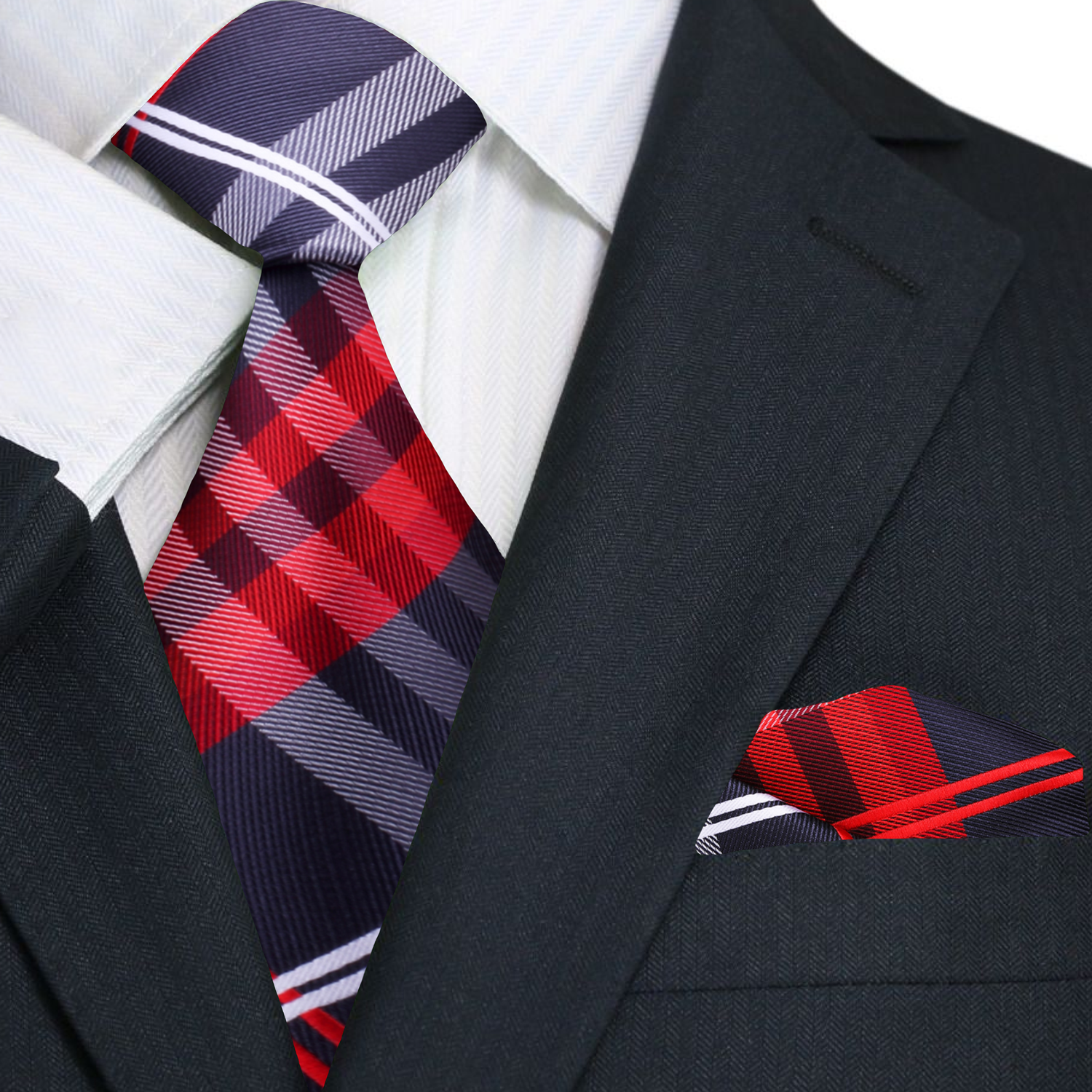 Main: A Black, Red, White Plaid Pattern Necktie With Matching Pocket Square||Red, Black, White
