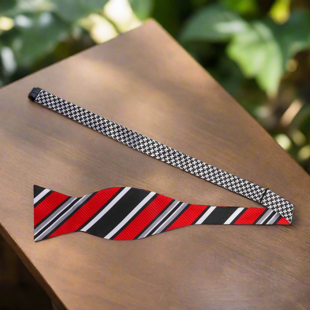 Black, Red Stripe and Hounds Tooth Bow Tie Self Tie