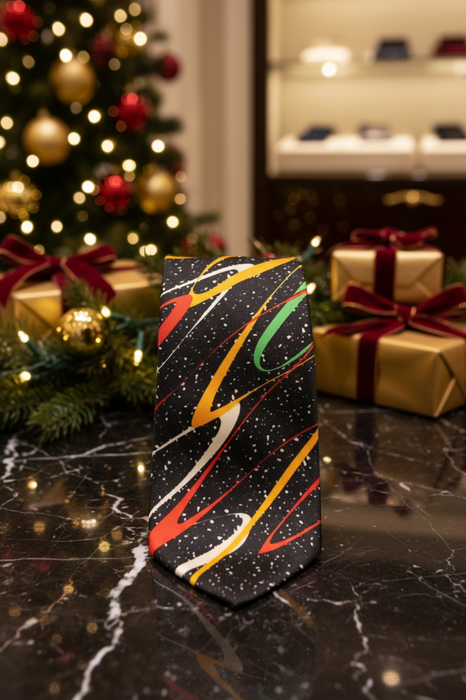 A black necktie featuring a vibrant, multicolored abstract pattern of swirling orange, red, green, and white lines over a speckled space-like background,  