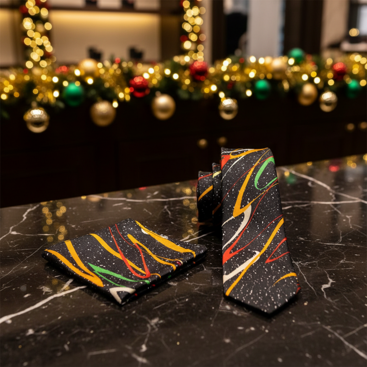 A matching necktie and pocket square set with a black space-themed print featuring colorful abstract streaks and white stars, displayed o 