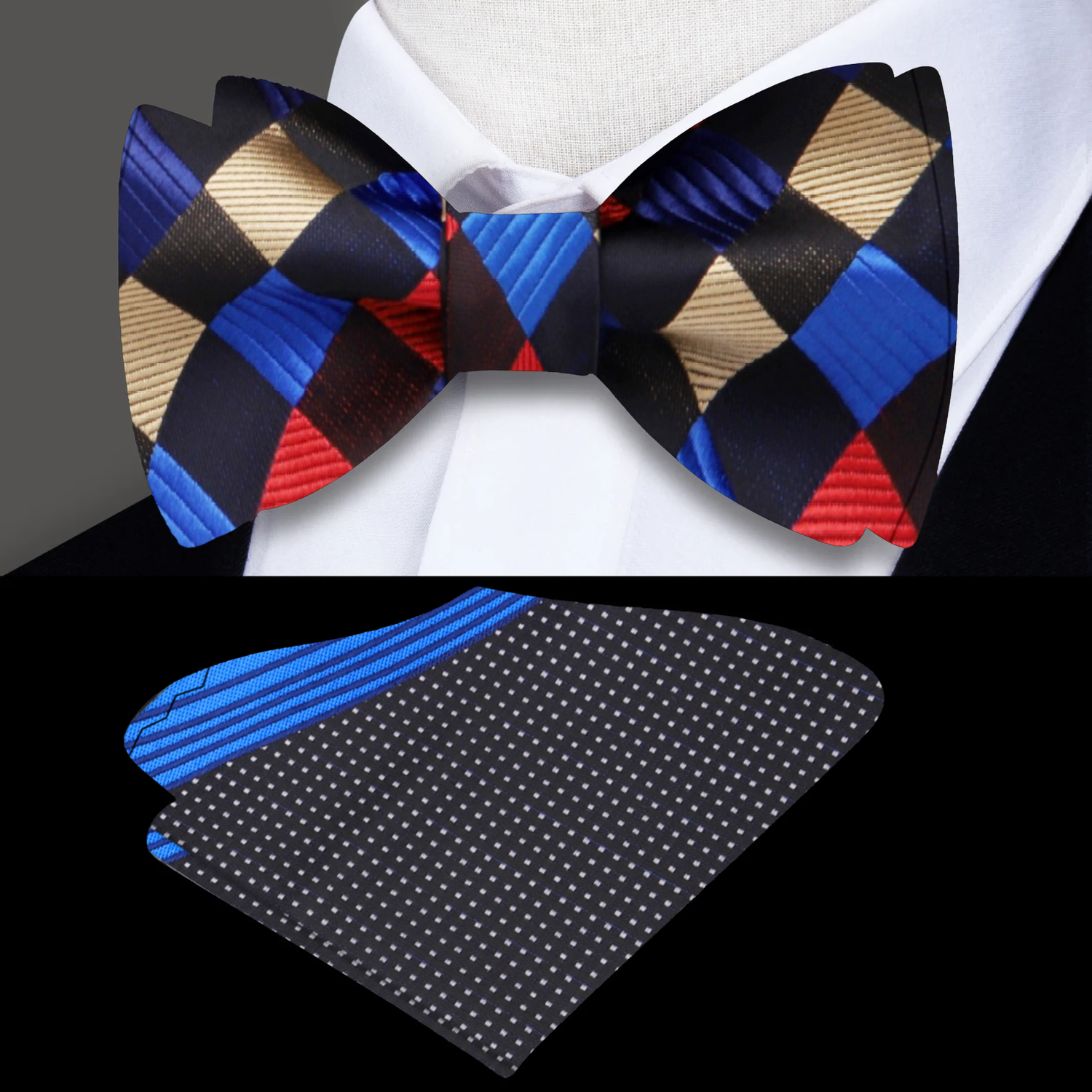 Black, Blue, Yellow and Red Geometric Bow Tie and Accenting Pocket Square