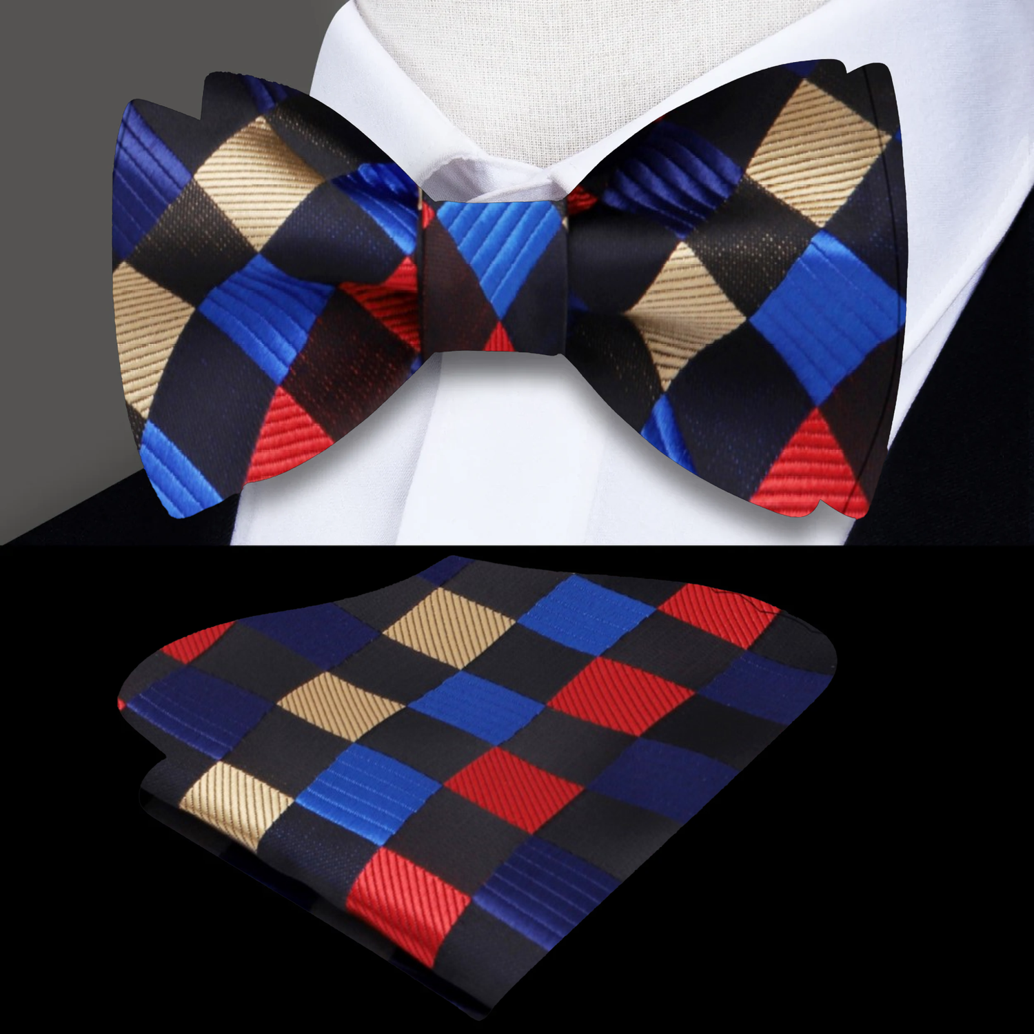 Black, Blue, Yellow and Red Geometric Bow Tie and Pocket Square