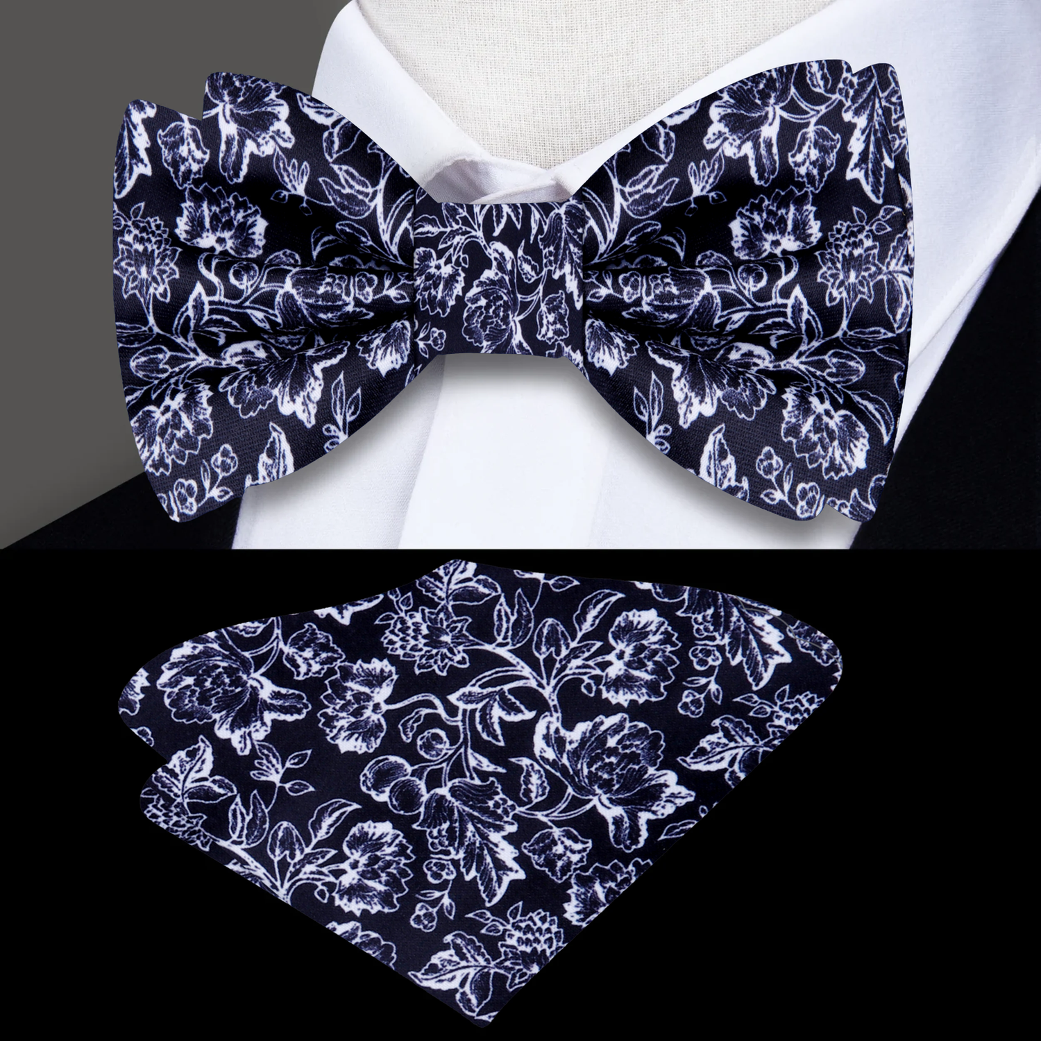Black, White Filigree Floral Bow Tie and Pocket Square||Black