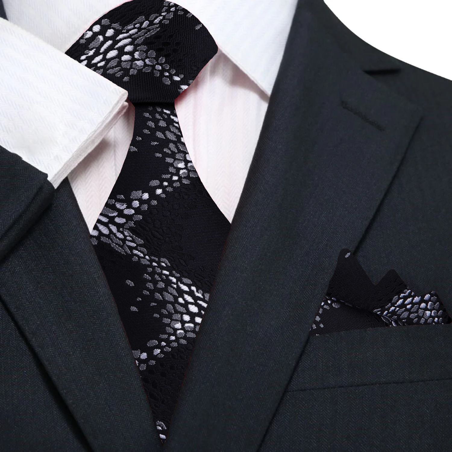 Main A Grey, Black Geometric Diamonds Pattern Silk Necktie, Matching Pocket Square