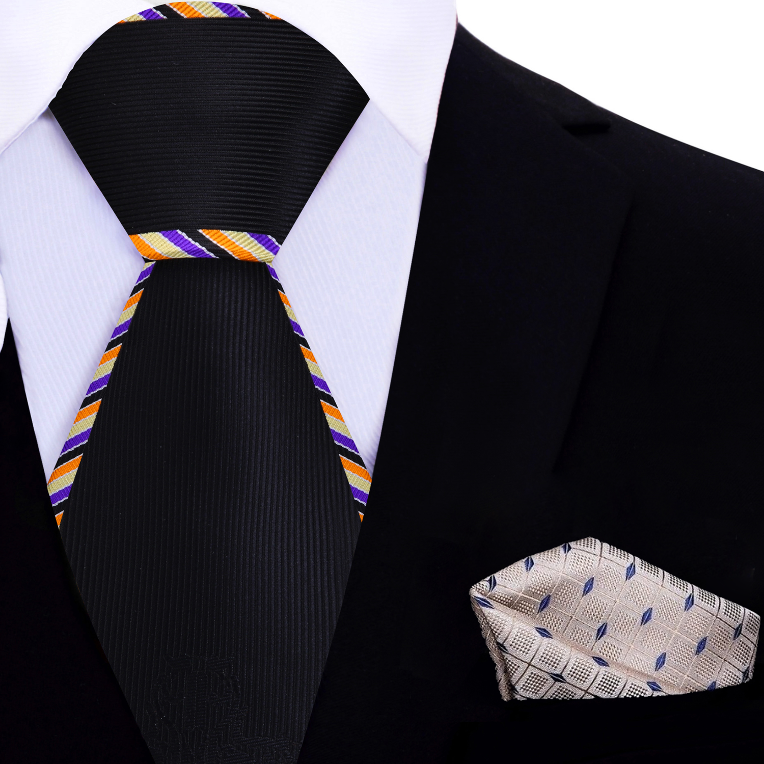 Black Necktie with Colorful Edge and Accenting Square