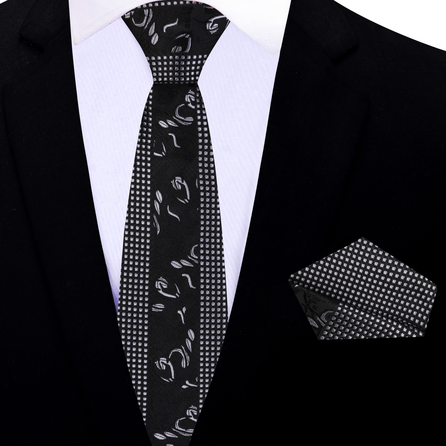 Thin: Black Silver Designer Floral Necktie and Matching Square 1