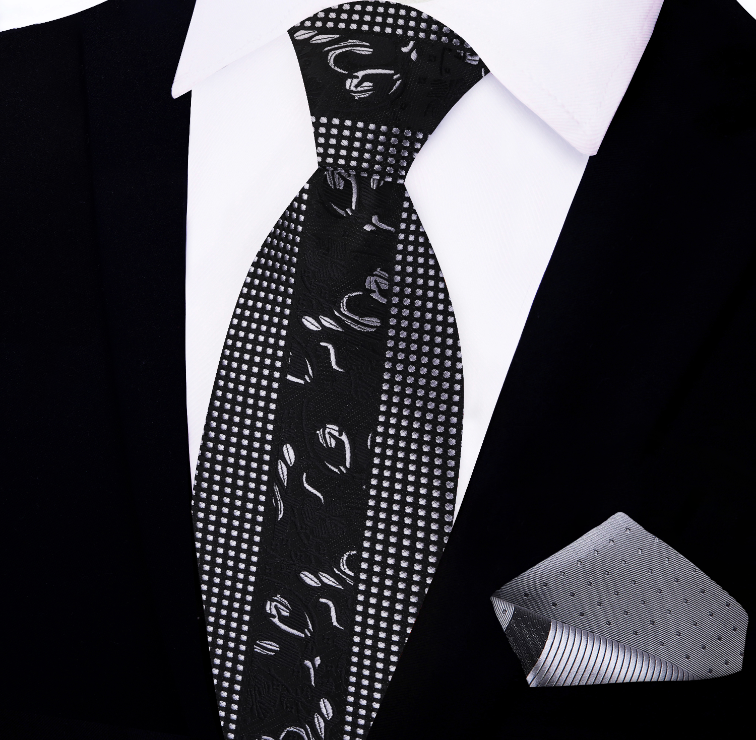 View 2: Black Silver Designer Floral Necktie and Accenting Square 1