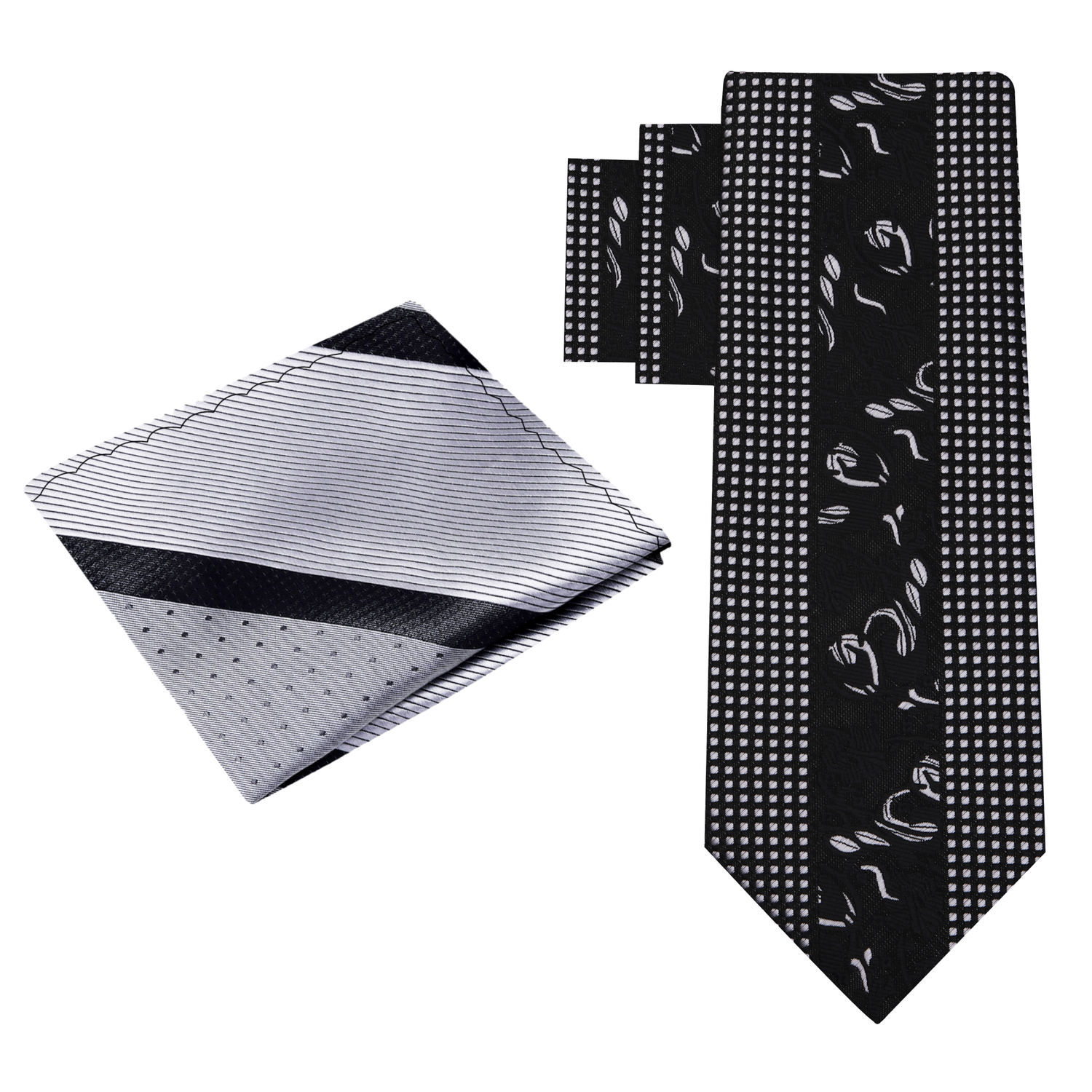 Alt View: Black Silver Designer Floral Necktie and Accenting Square 1