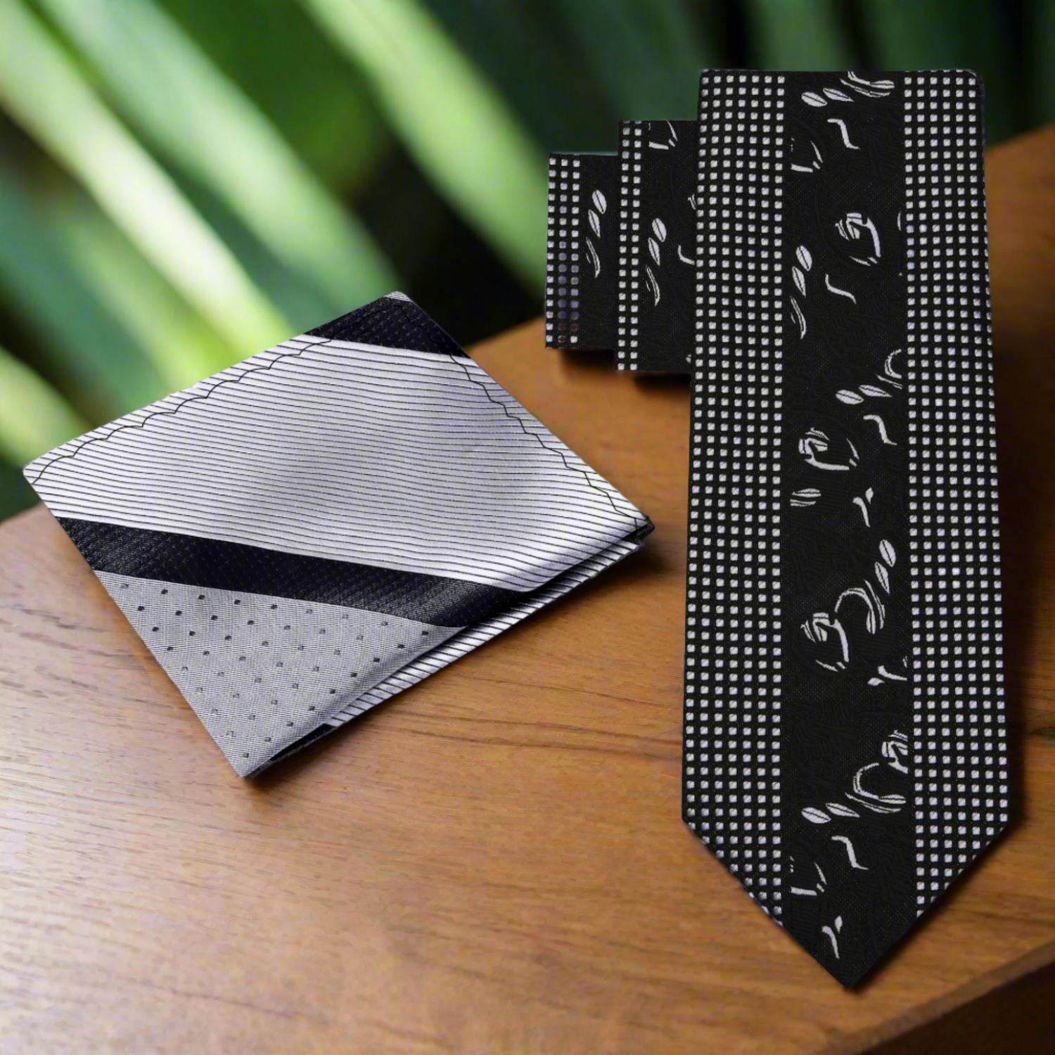 Alt View: Black Silver Designer Floral Necktie and Accenting Square 1