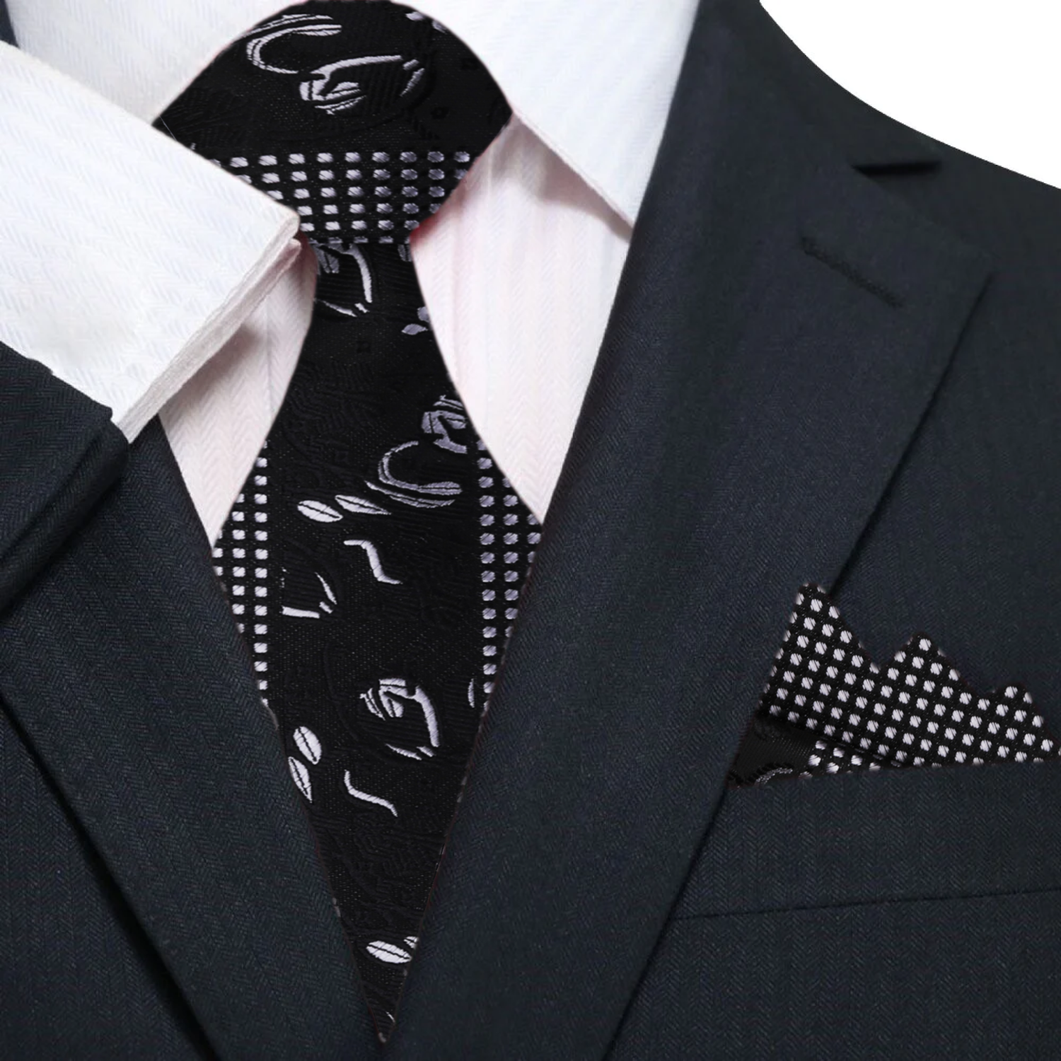 Black Silver Designer Floral Necktie and Matching Square 1