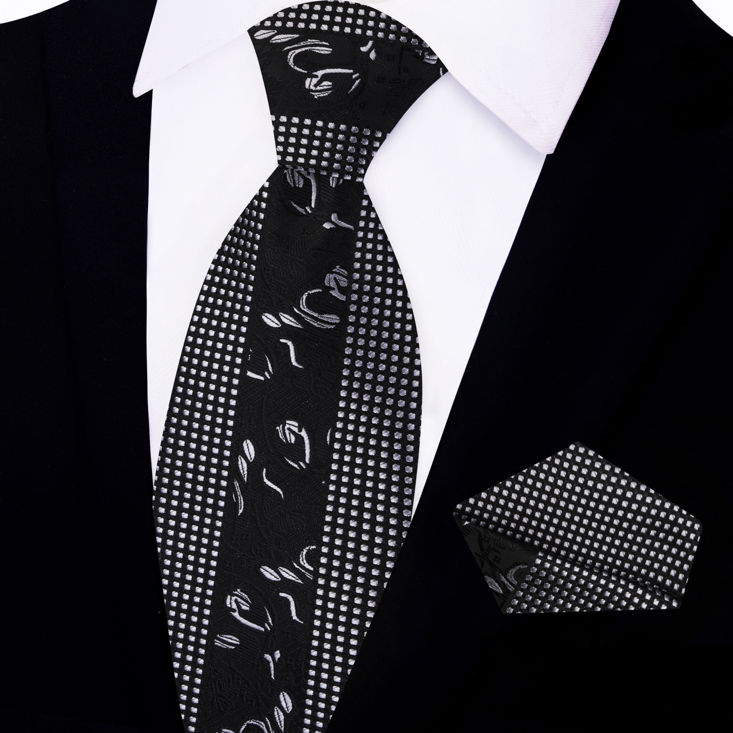 View 2: Black Silver Designer Floral Necktie and Matching Square 1